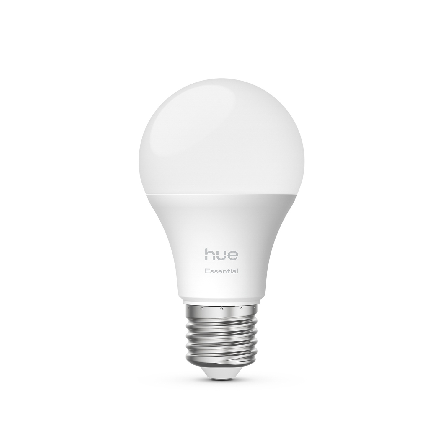 A white Philips Hue Essential lightbulb on a white background. The bulb has a rounded top and a metal base.