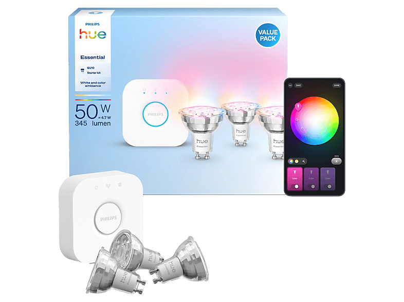 Philips Hue Kit de démarrage White and Color Ambiance 3x Spots GU10 avec Bridge