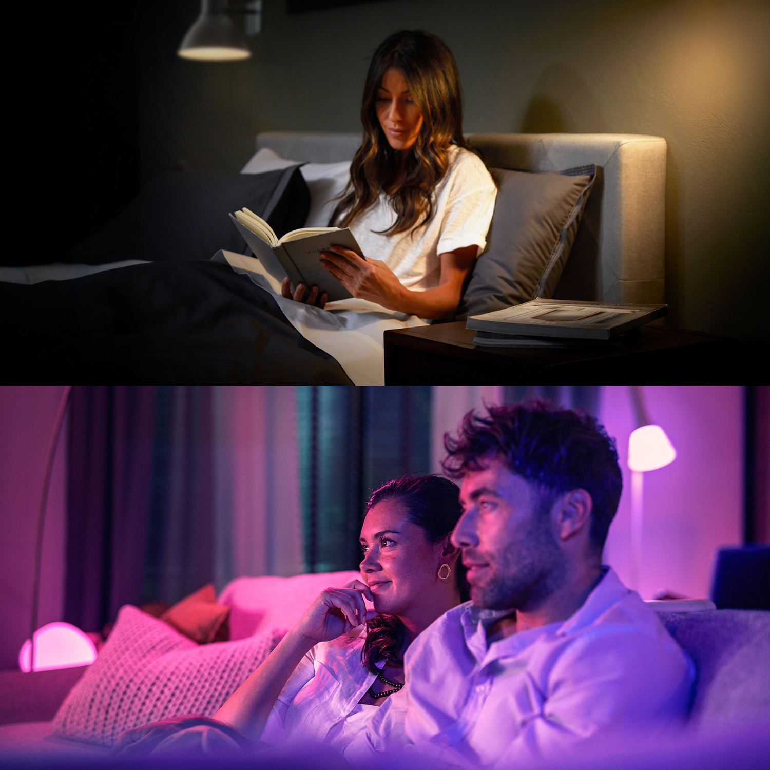 A woman reads in bed under a lamp. Below, a couple watches TV. Ambient pink and purple lighting fills the room.