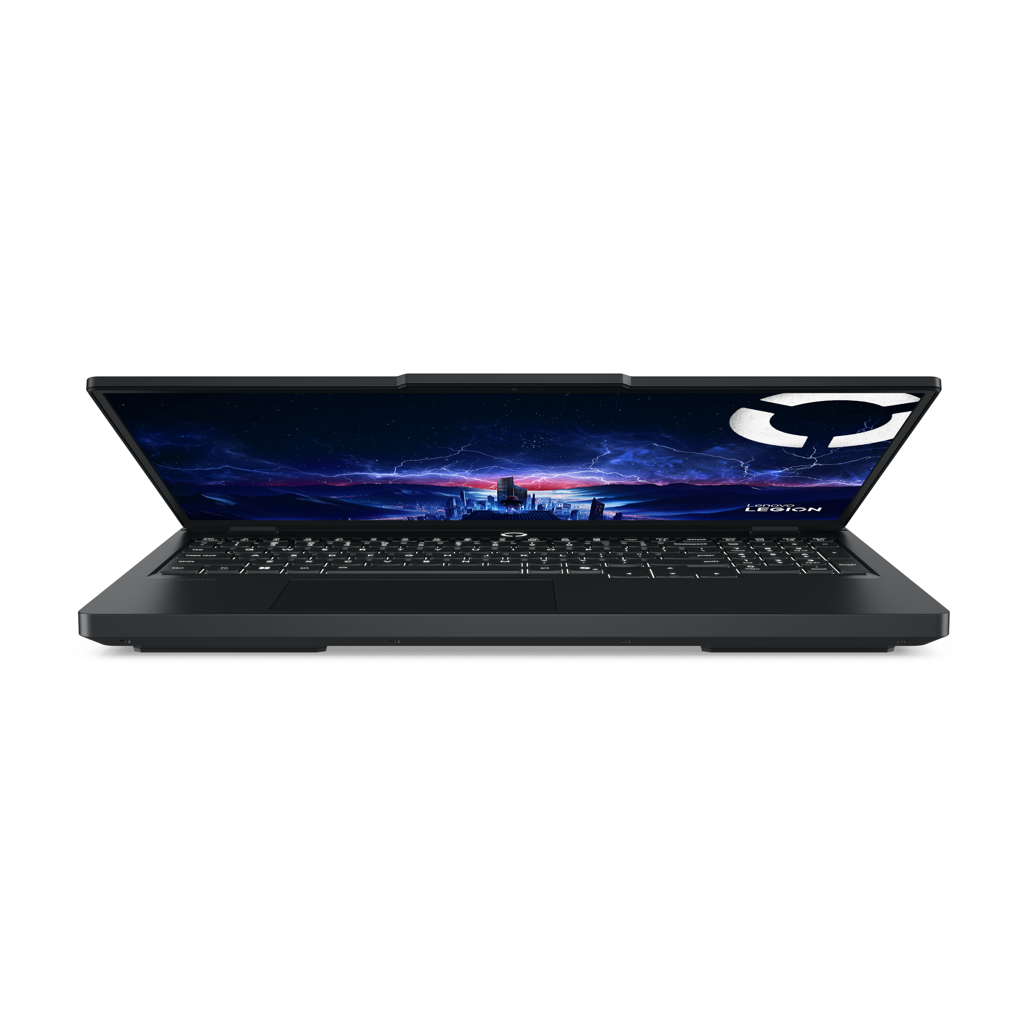 Schwarzer Laptop mit offenem Bildschirm, der eine Stadt bei Nacht zeigt. Die Tastatur ist sichtbar, und der Hintergrund ist schwarz.