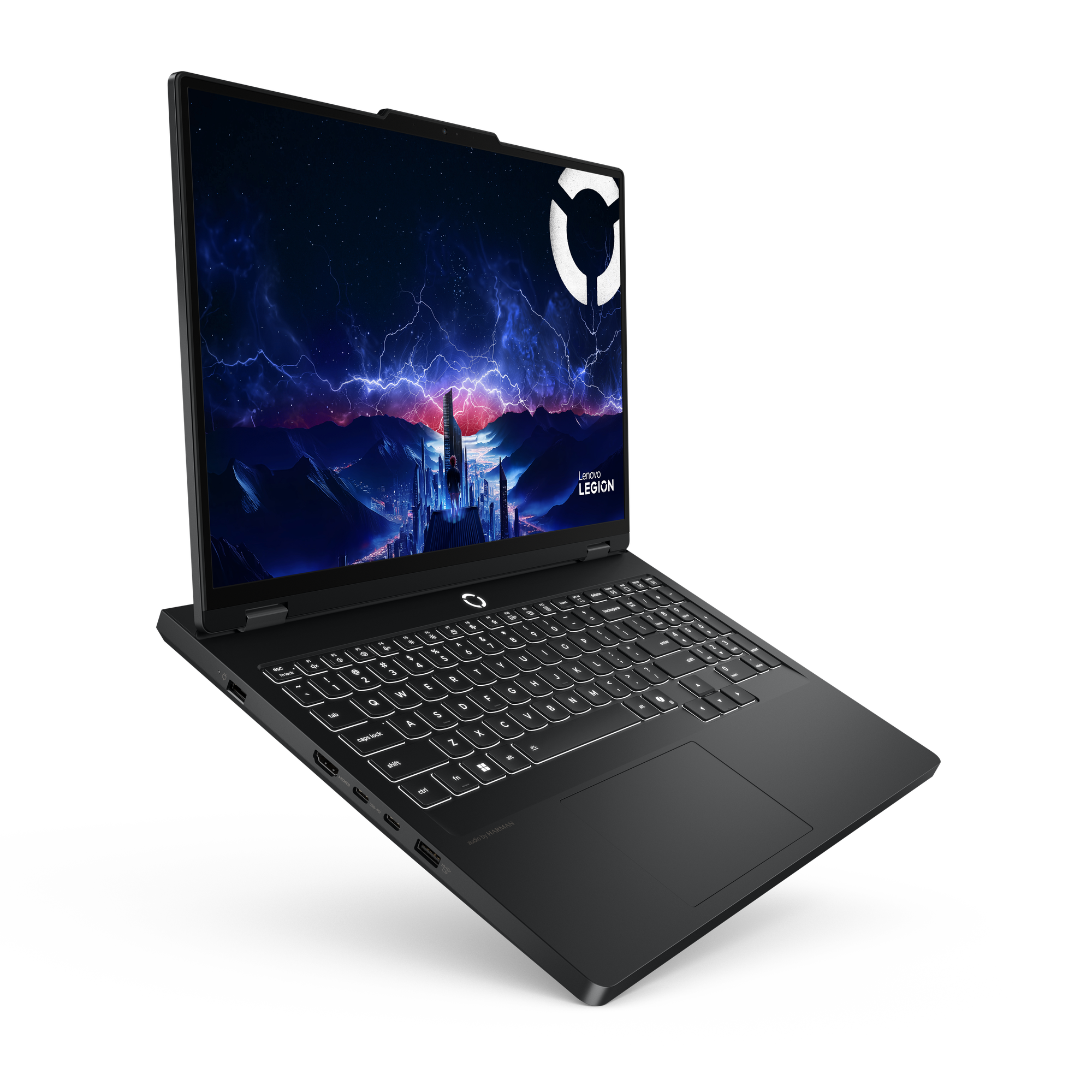 Schwarzer Lenovo Legion Laptop mit beleuchteter Tastatur und futuristischem Stadtbild-Hintergrund.