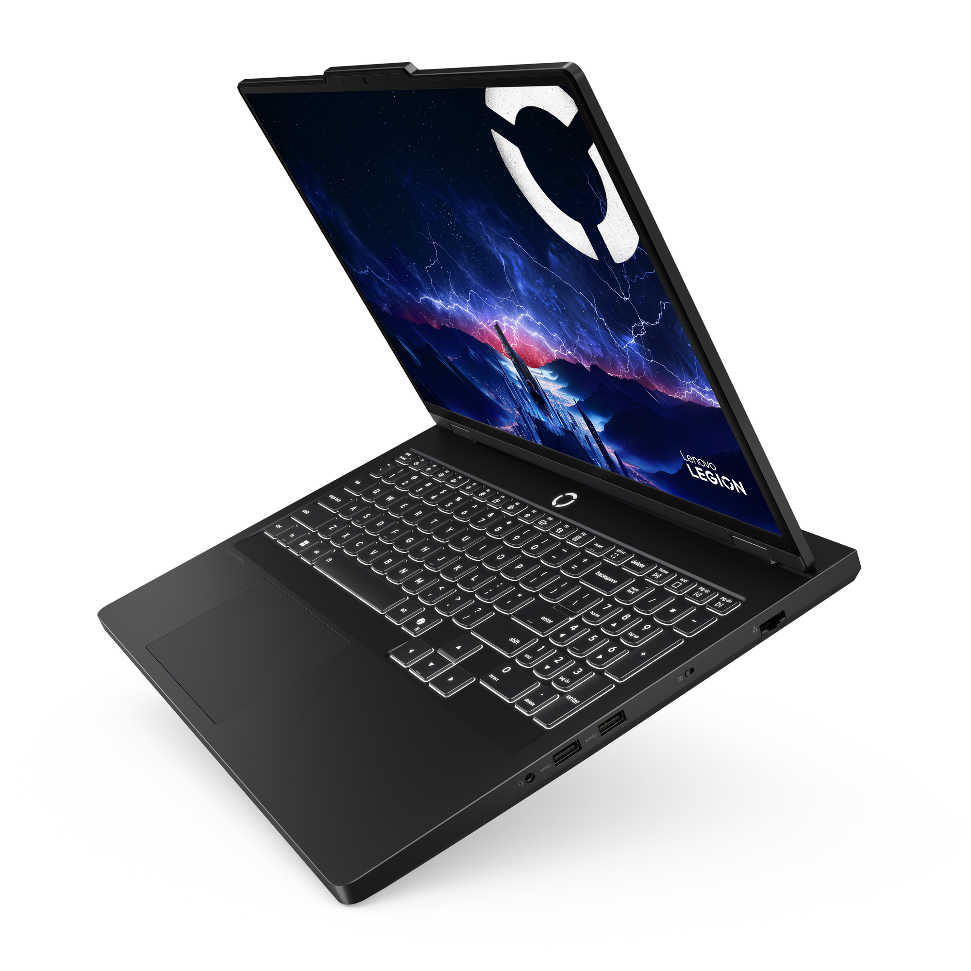 Schwarzer Laptop mit beleuchteter Tastatur und dynamischem Hintergrundbild.