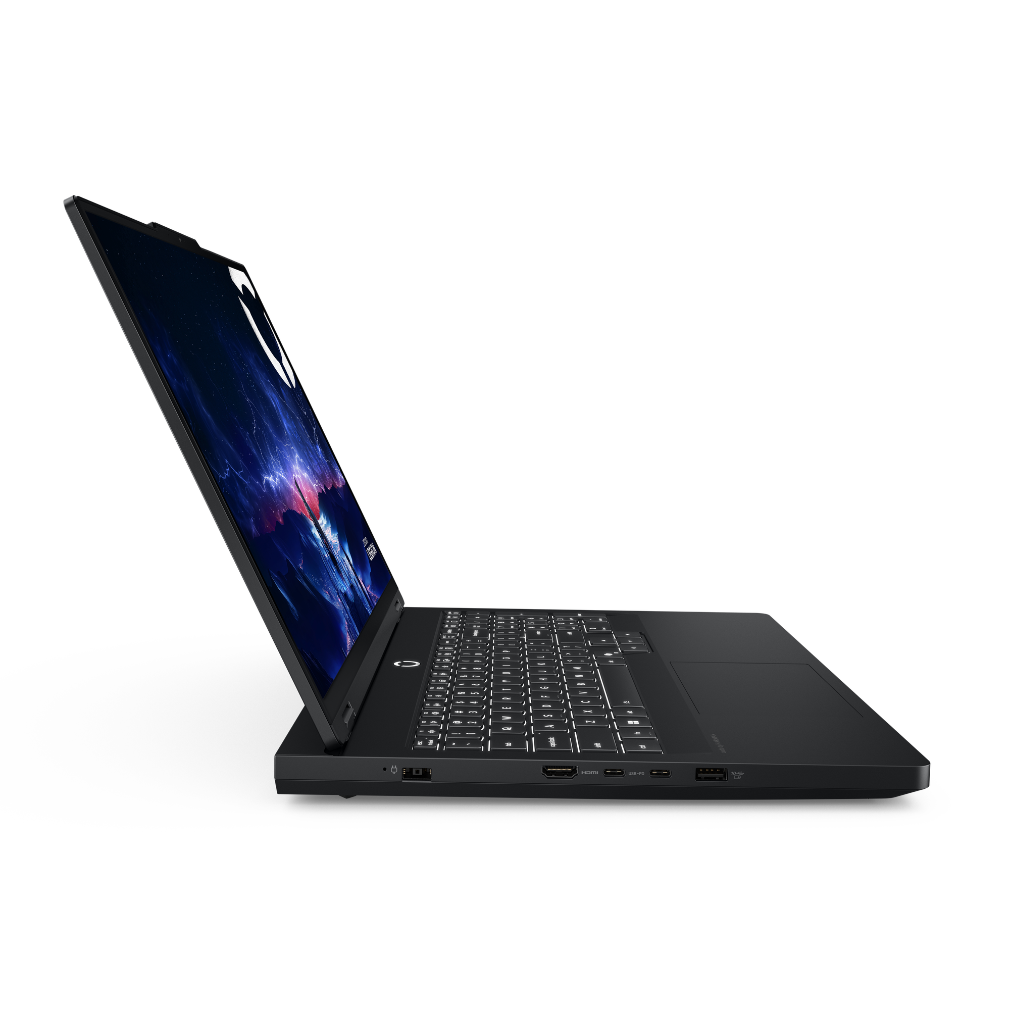 Schwarzer Laptop, geöffnet, mit Tastatur und Bildschirm. Der Bildschirm zeigt eine farbenfrohe Grafik.