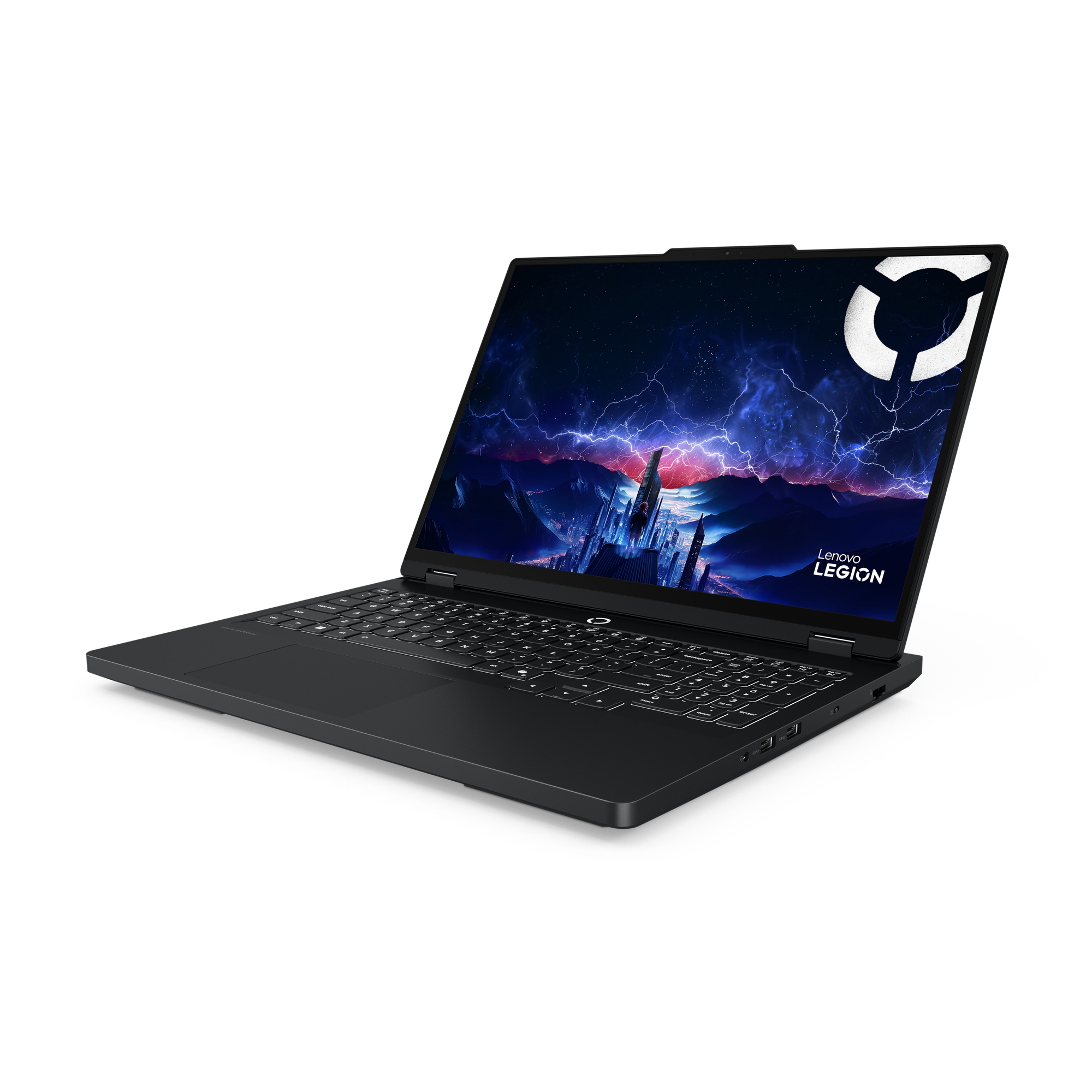 Schwarzer Lenovo Legion Laptop. Der Bildschirm zeigt eine Stadtlandschaft mit Blitzen. Oben befindet sich ein weißes Logo.