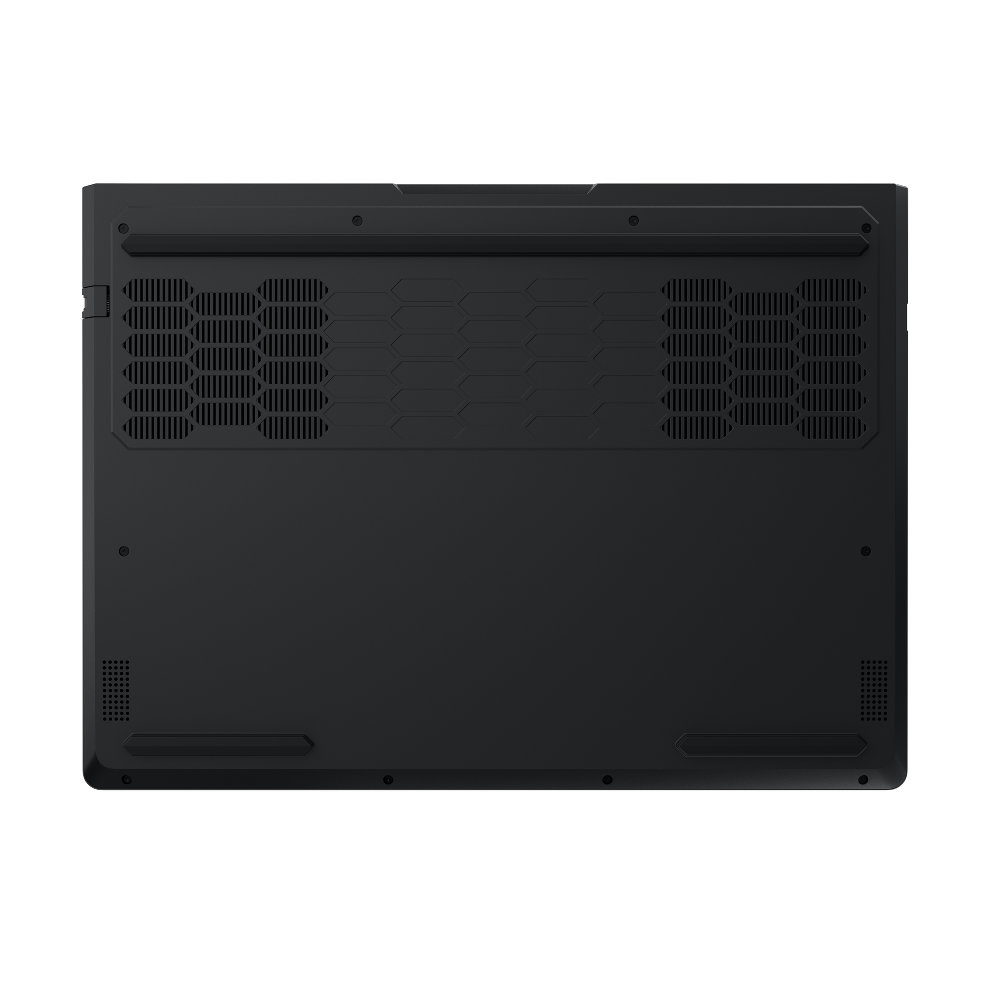 Unteransicht eines schwarzen Laptops. Merkmale sind Lüftungsschlitze, Schrauben und eine glatte Oberfläche.
