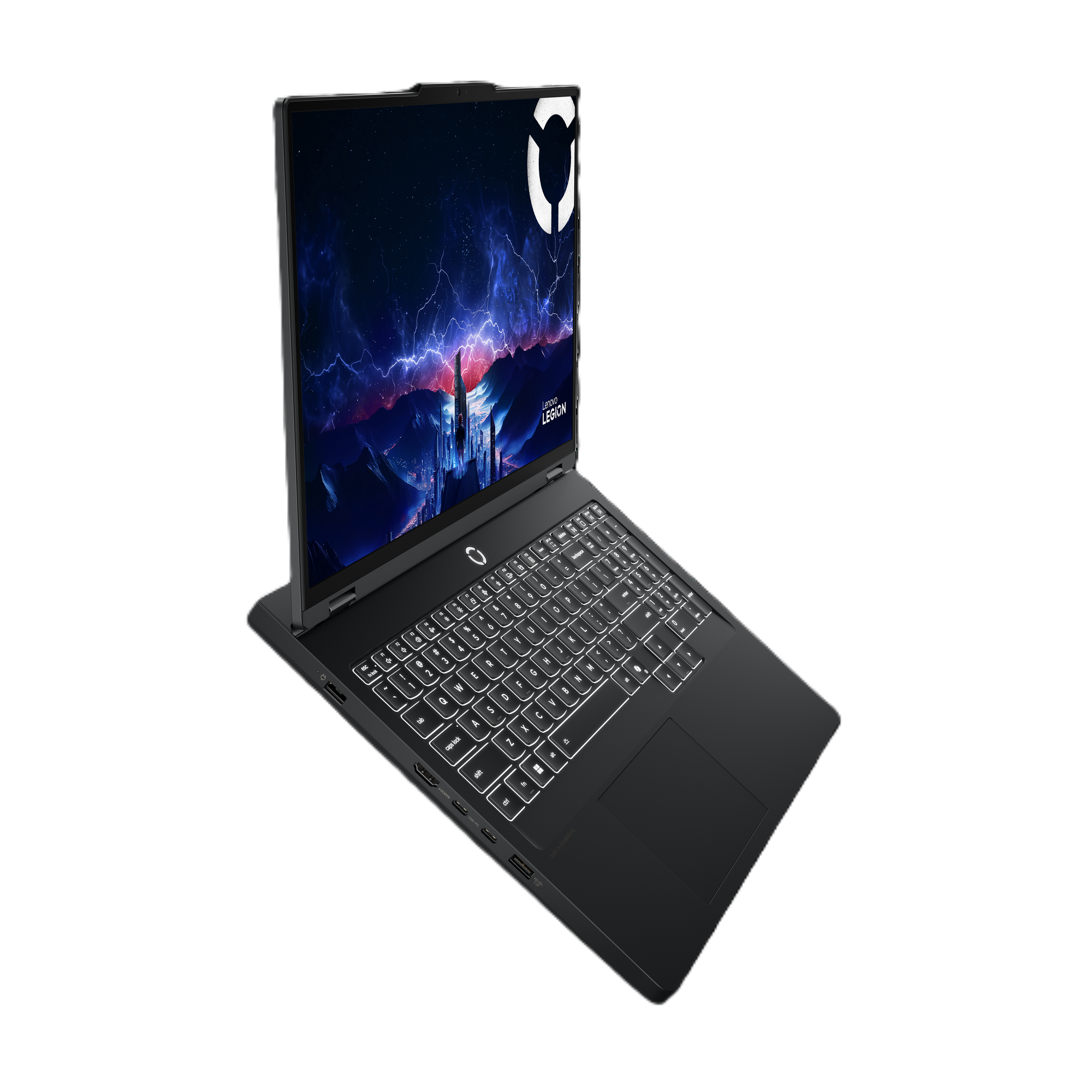 Schwarzer Lenovo Legion Laptop mit leuchtender Tastatur und futuristischem Hintergrund.