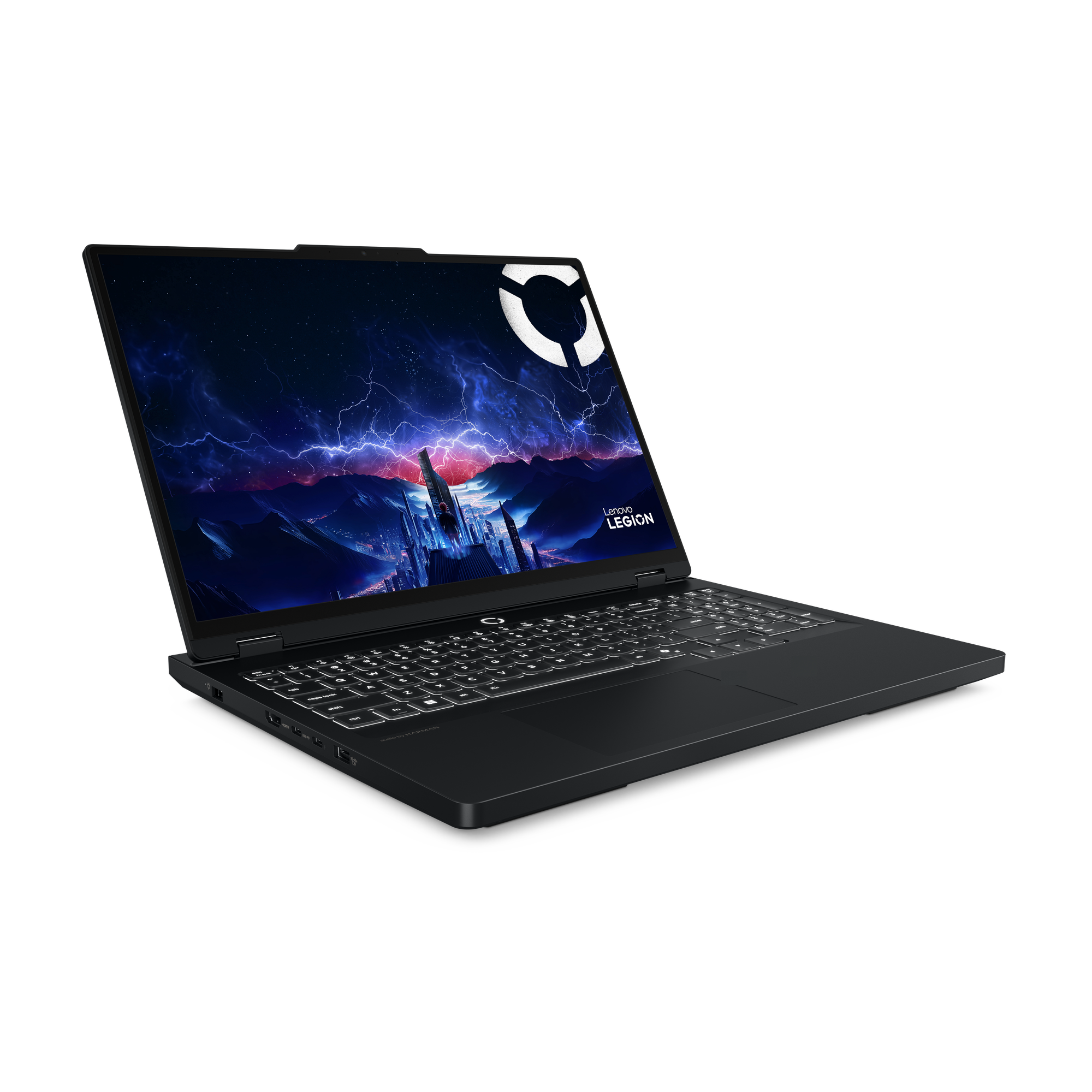 Schwarzer Lenovo Legion Laptop, geöffnet, mit einem dunklen Bildschirm, der eine Stadt, Blitze und ein weißes Logo zeigt. Schwarzer Hintergrund.