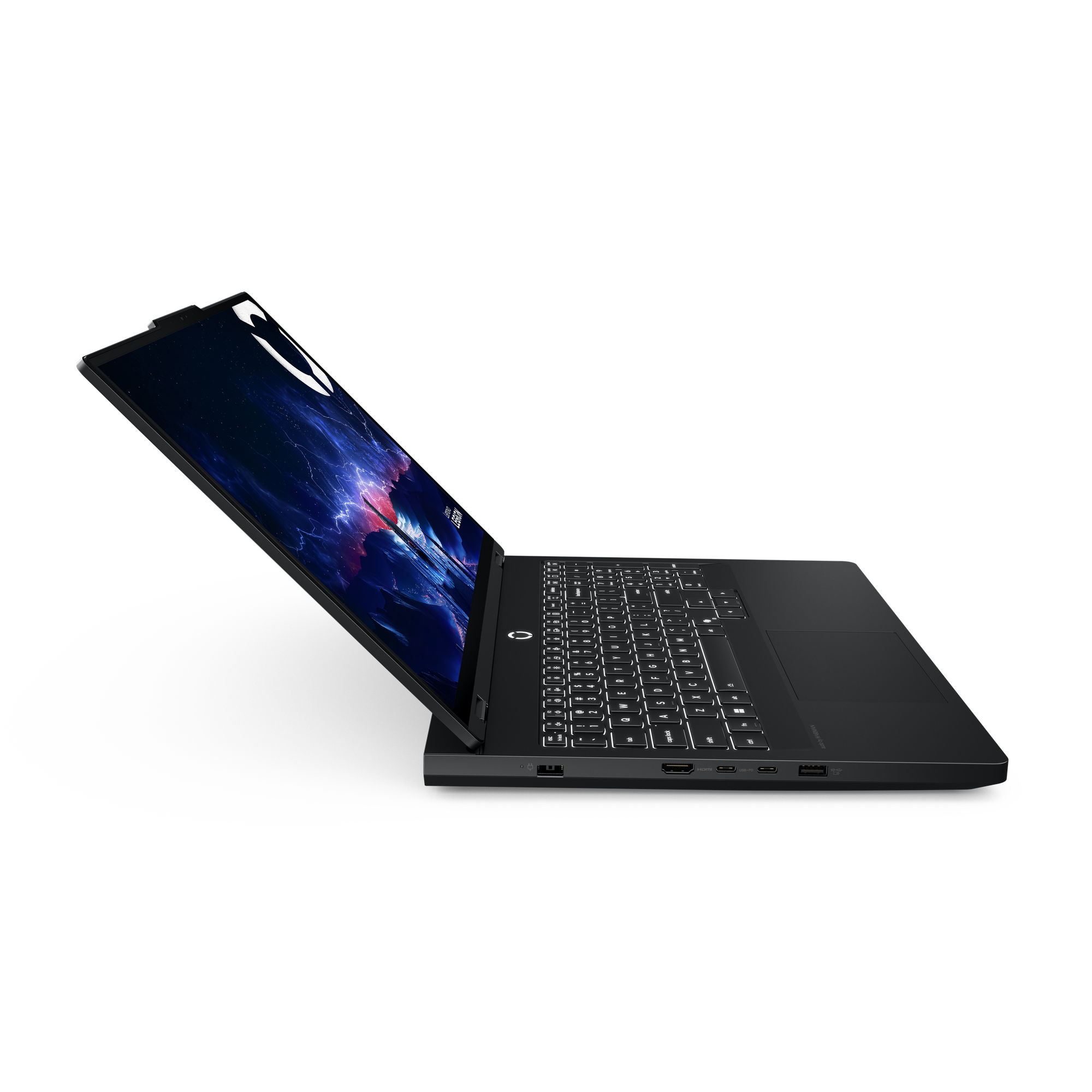 Schwarzer Laptop auf schwarzem Hintergrund. Der Bildschirm zeigt ein farbenfrohes Bild. Die Tastatur ist sichtbar.