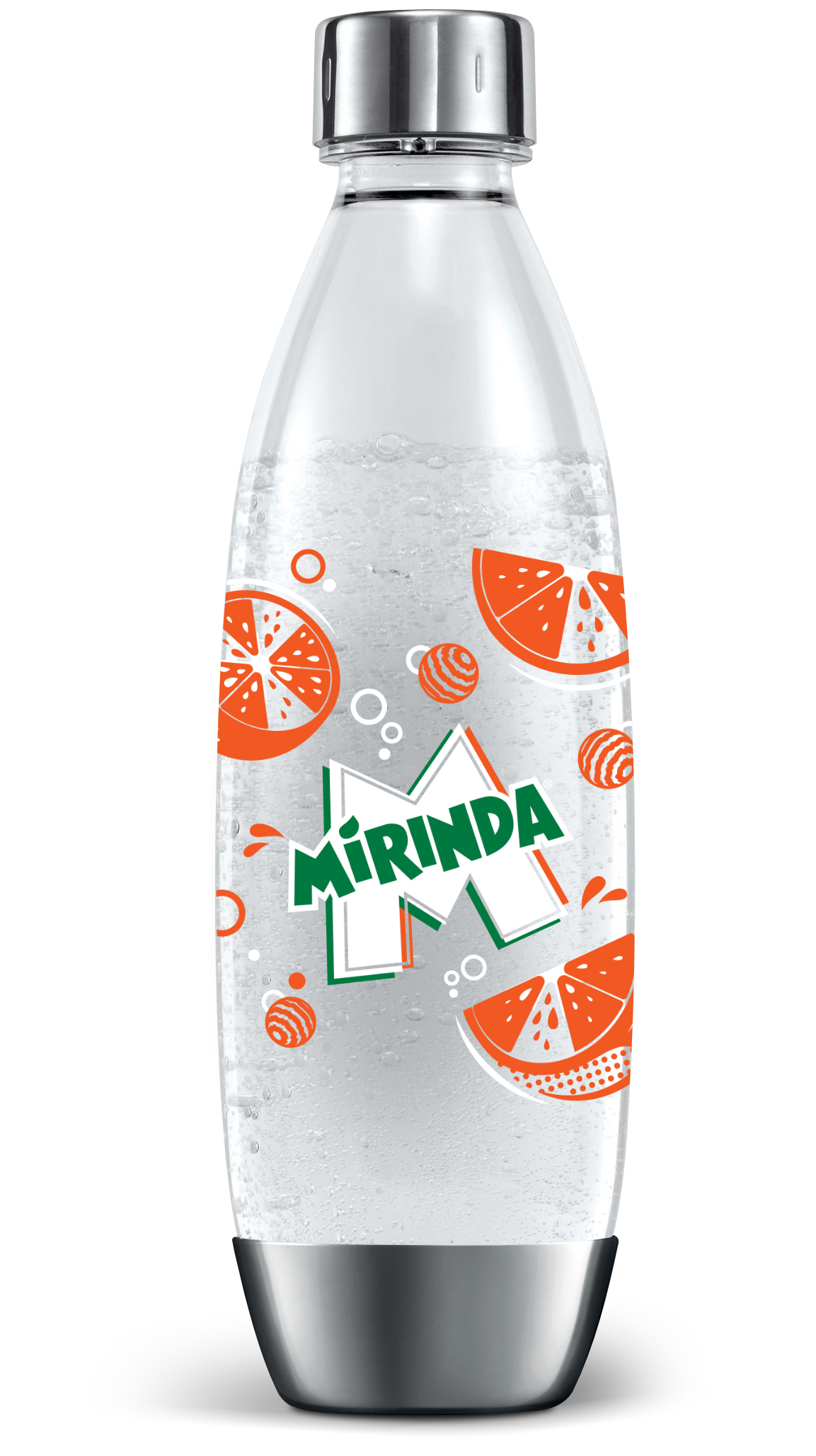 Mirinda-palack narancsszeletekkel és a márkalogóval. A palack átlátszó, buborékokkal, ezüst kupakkal és alappal.