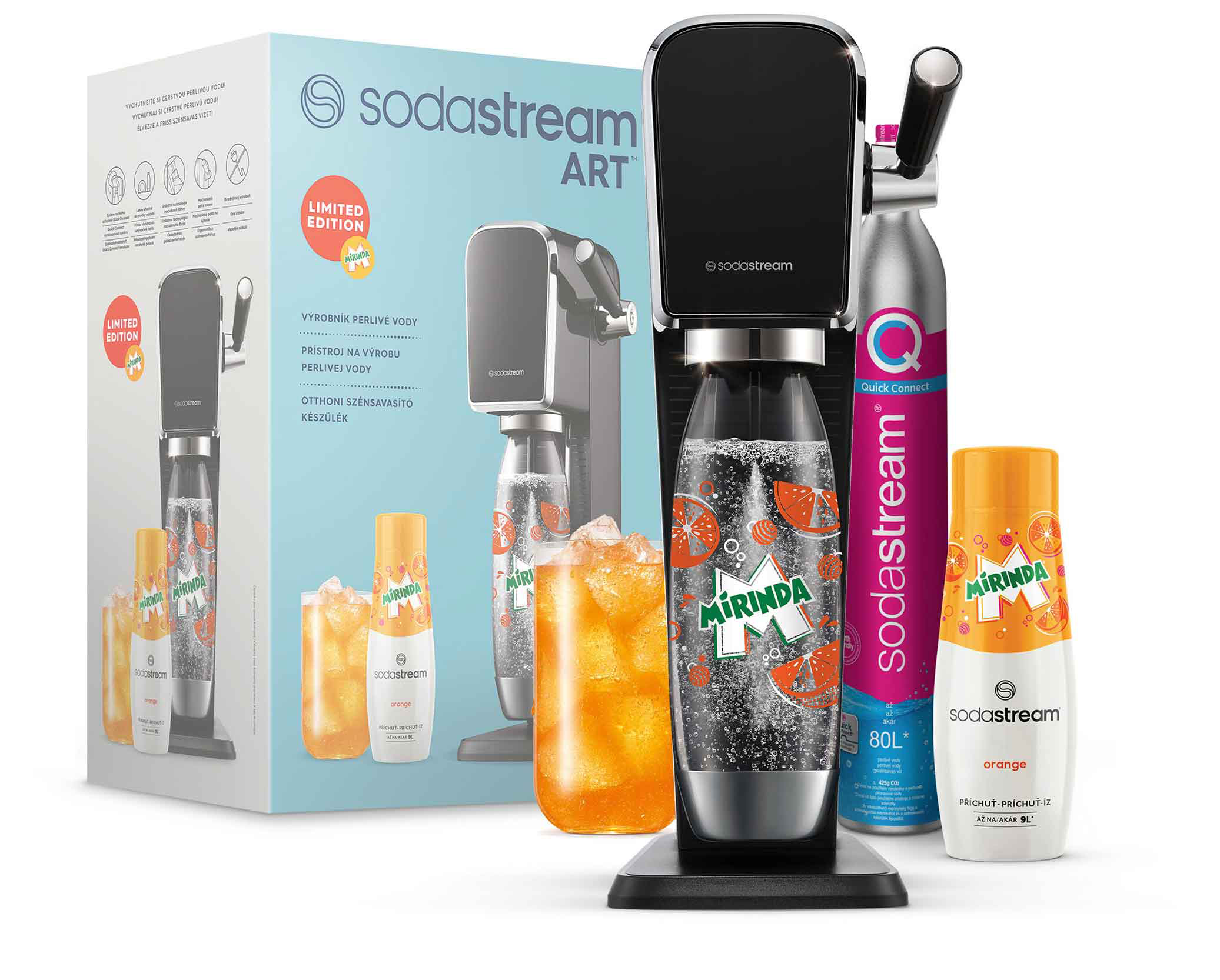 Egy SodaStream ART gép szén-dioxid palackkal, Mirinda üvegekkel és egy pohár narancsos szódával.
