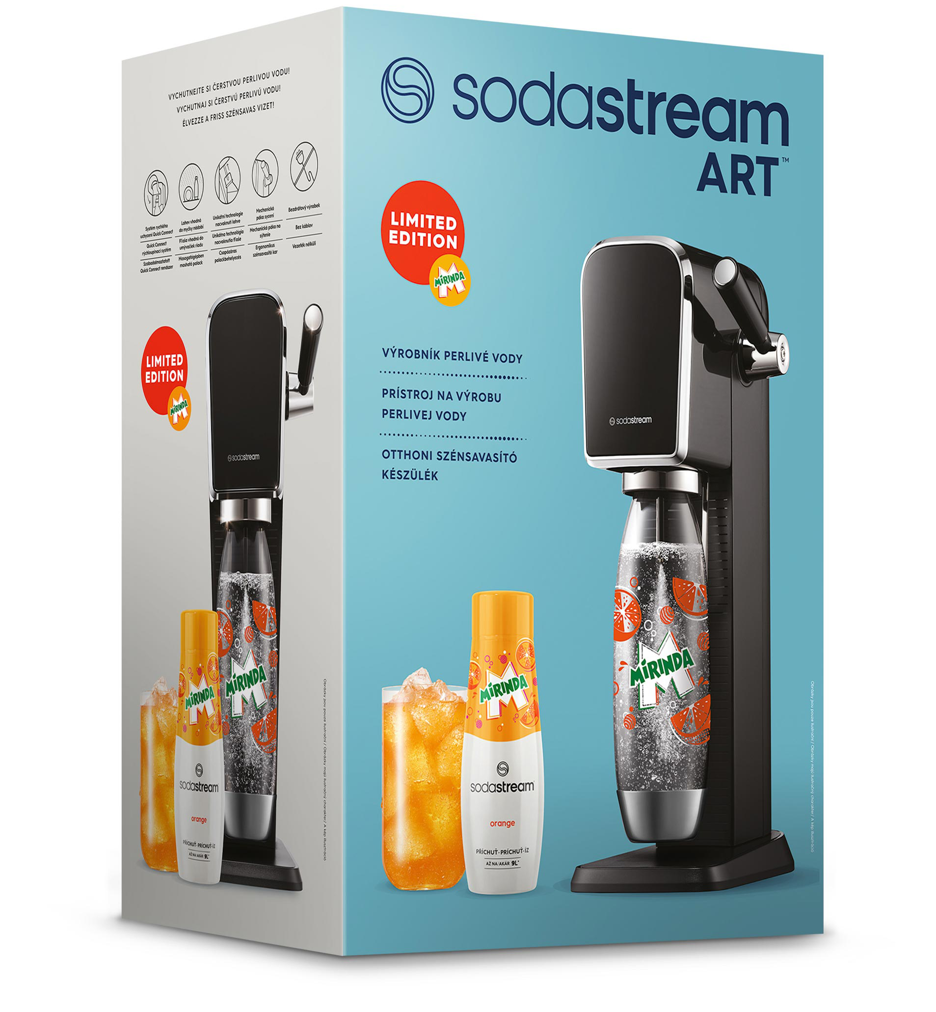 Egy fekete SodaStream Art gép egy Mirinda narancssárga palackkal. Narancsszódavíz és Mirinda palackok vannak a képen.