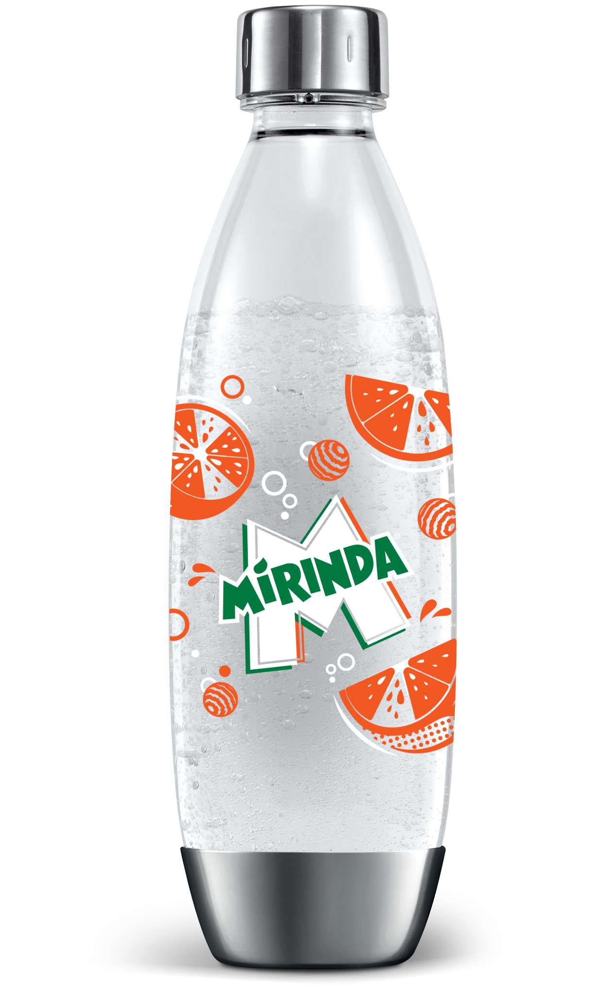 Egy Mirinda-palack narancsszelet-mintákkal. A palack átlátszó, ezüst tetejű és aljú. A címkén a Mirinda logója látható.