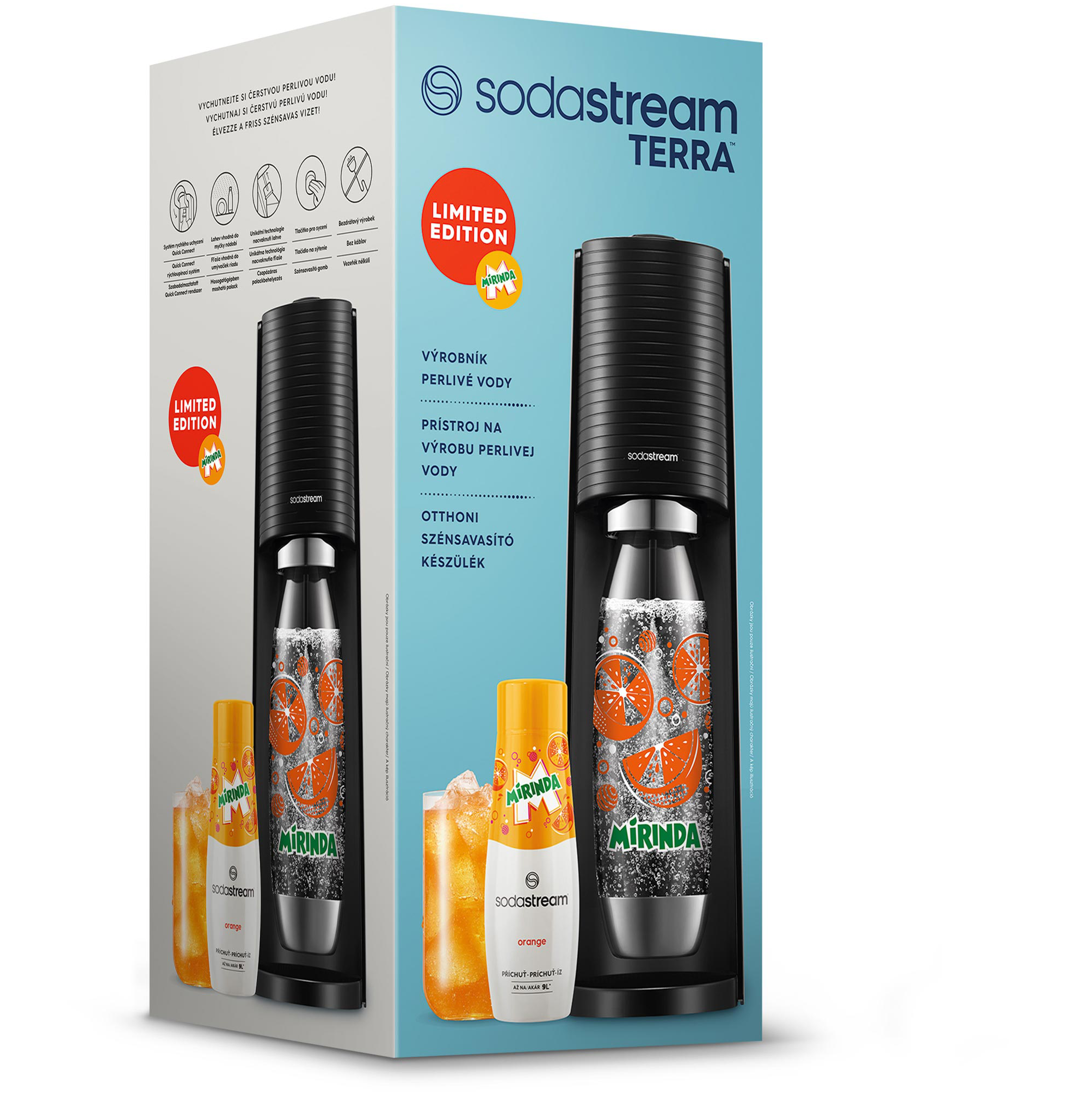 Egy SodaStream Terra gép narancssárga Mirinda palackokkal. A csomagoláson egy limitált kiadás látható.