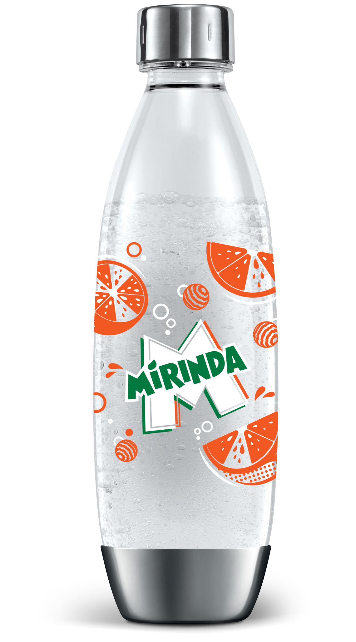 Egy Mirinda palack látható. Átlátszó, buborékokkal teli, és narancssárga gyümölcsmintákkal rendelkezik. A teteje és az alja ezüst.
