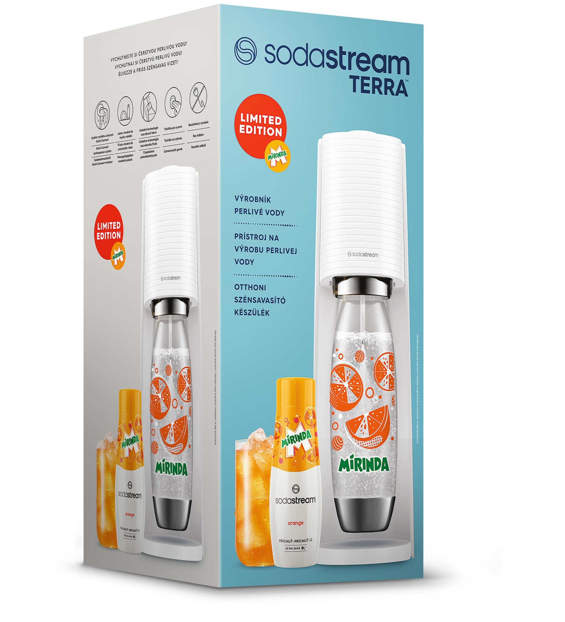 SodaStream Terra Mirinda narancs ízzel, limitált kiadás. Tartalmaz gépet, palackokat és narancsszirupot.