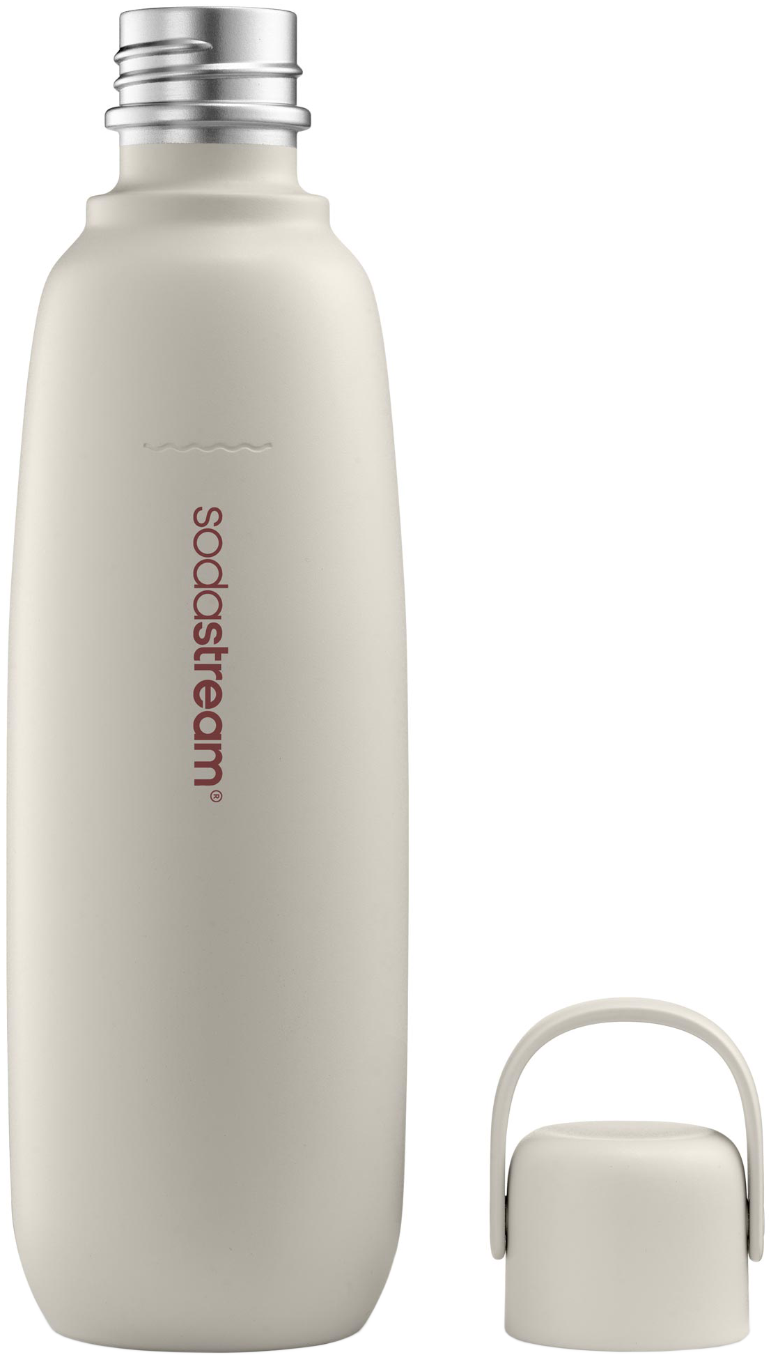 Világos bézs Sodastream palack ezüst kupakkal és külön kupakkal, fogantyúval. Fehér háttér.