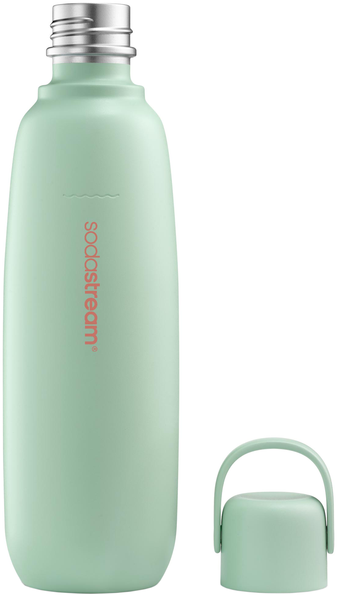 Világoszöld SodaStream palack ezüst kupakkal és levett kupakkal. A márkanév látható a palackon.