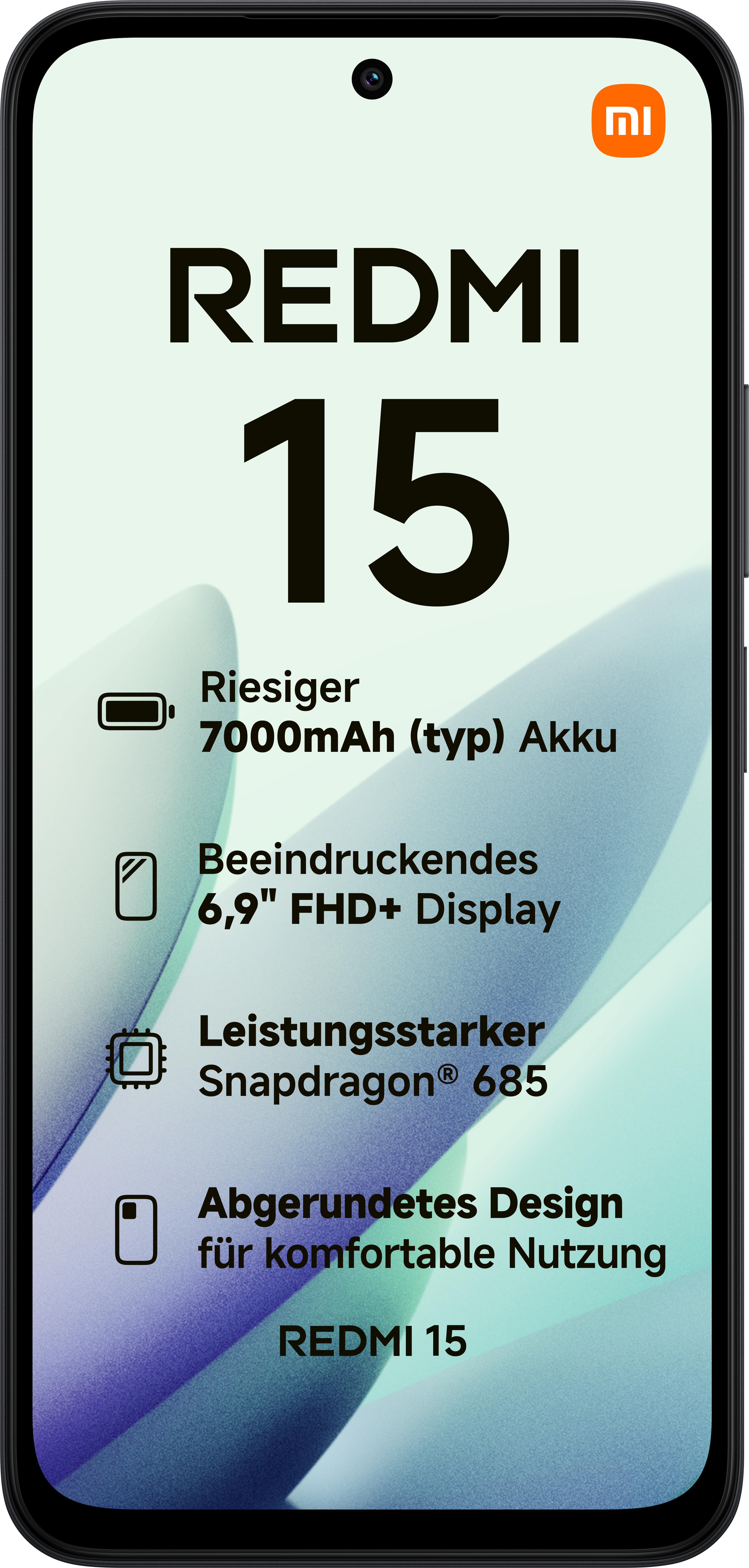 Ein schwarzes Smartphone zeigt das Redmi 15. Zu den Merkmalen gehören ein großer Akku, ein Display, ein Snapdragon-Prozessor und ein geschwungenes Design.