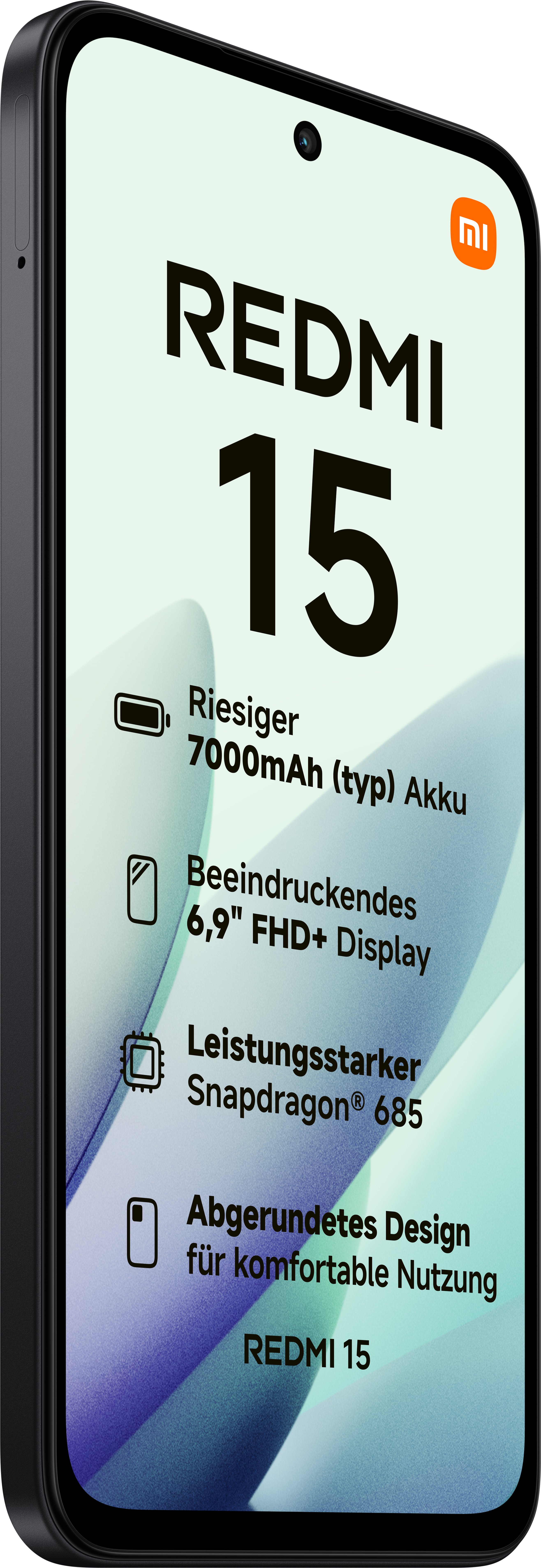 Schwarzes Redmi 15 Smartphone zeigt Merkmale: großer Akku, beeindruckendes Display, Snapdragon-Prozessor, abgerundetes Design.