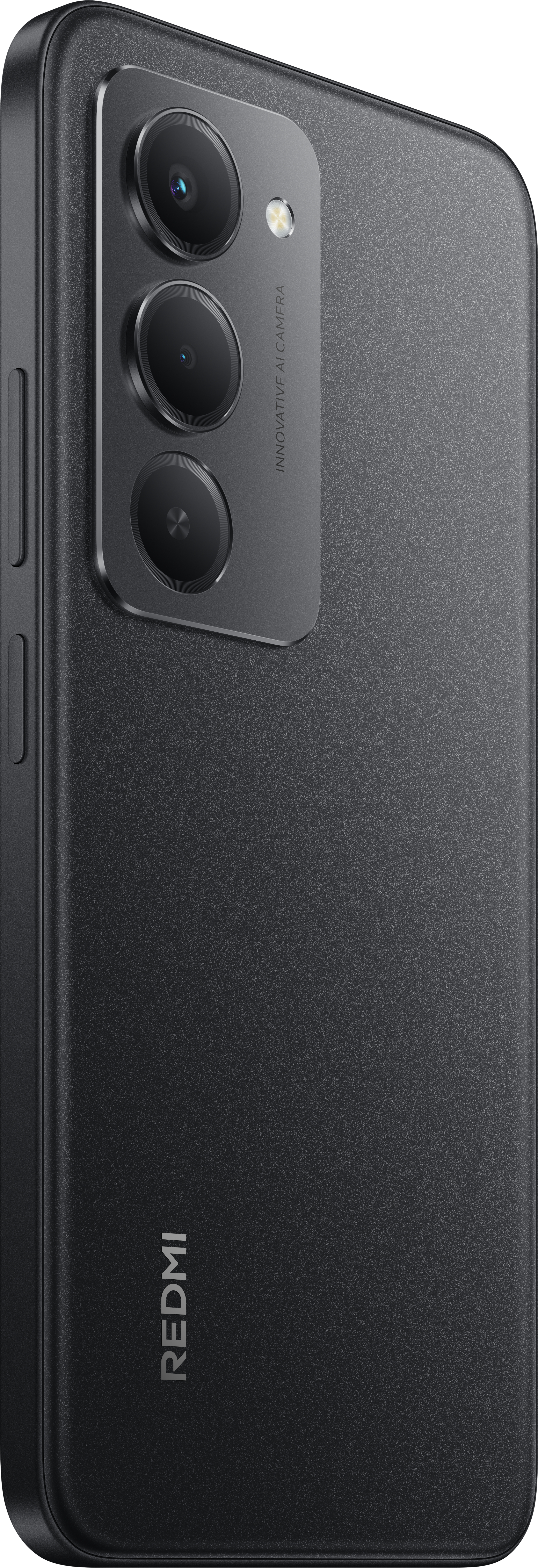 Schwarze Smartphone-Rückseite. Oben drei Kameralinsen und Blitz. Redmi-Logo unten. Strukturierte Oberfläche.