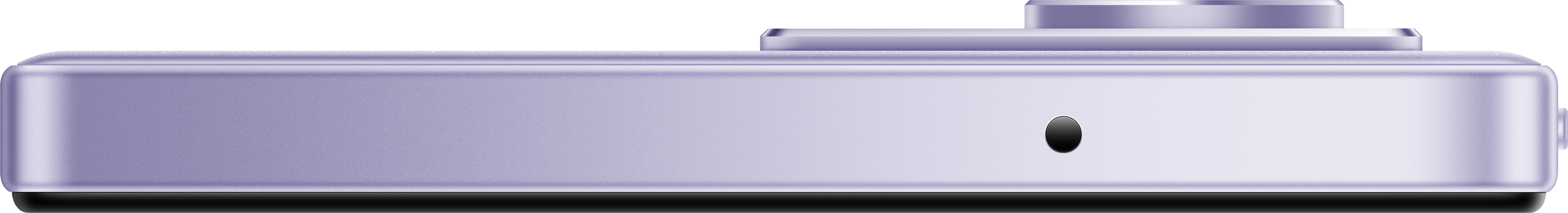 Seitenansicht eines hellvioletten Geräts mit schwarzer Basis, schwarzer Taste und Kamerabuckel. Weißer Hintergrund.