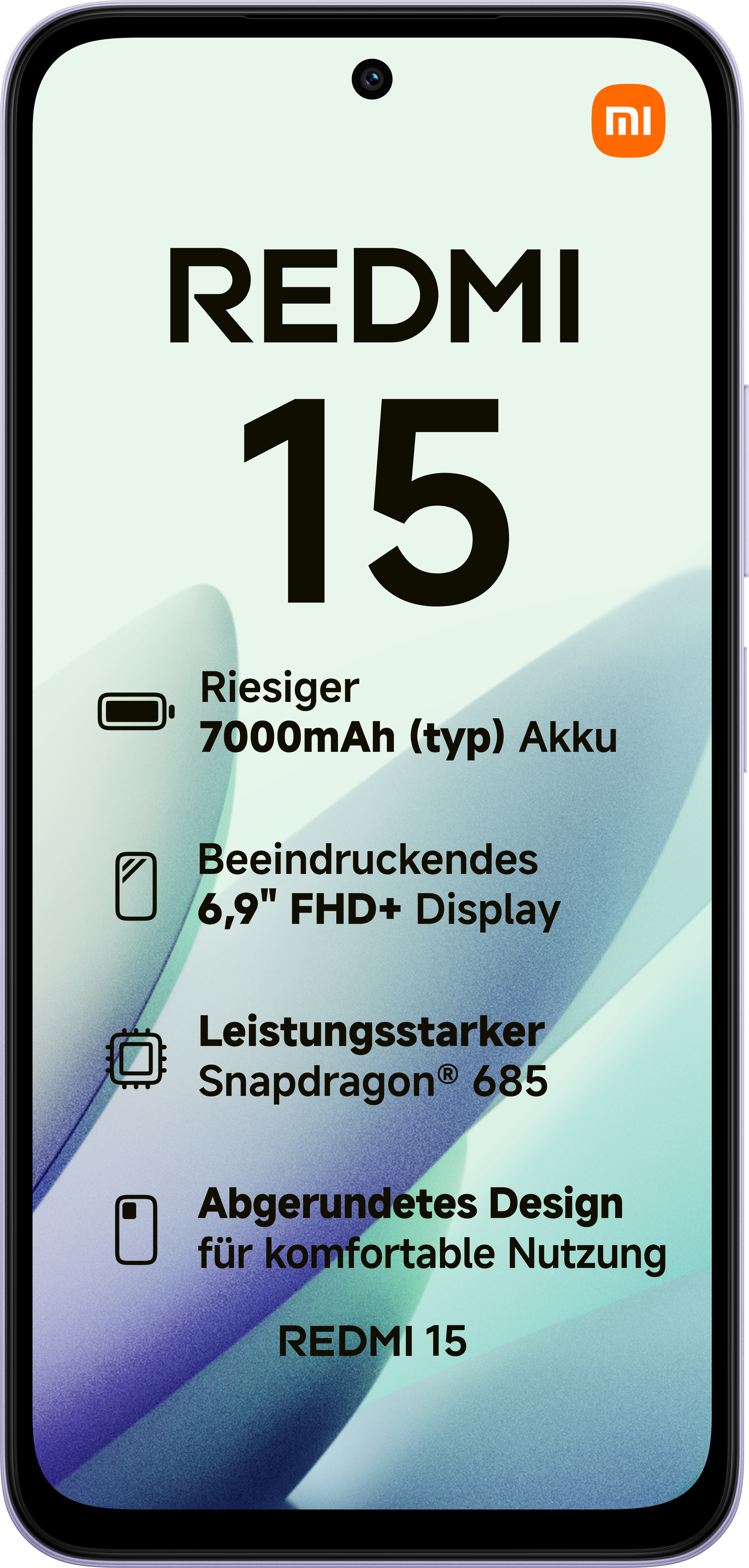 Ein Smartphone-Bildschirm zeigt 'REDMI 15' mit Feature-Highlights: großer Akku, Displaygröße, Prozessor und Design.