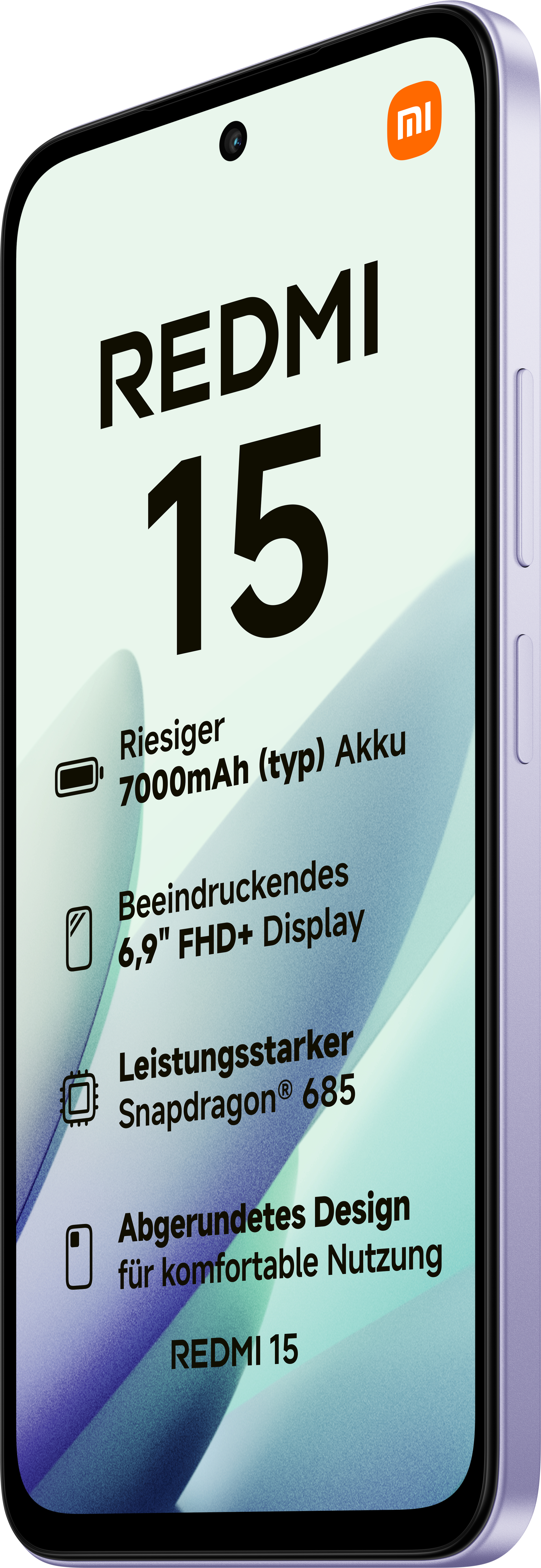 Lila Redmi 15-Telefon. Zu den Merkmalen gehören ein großer Akku, 6,9" FHD+ Display, Snapdragon 685 und abgerundetes Design.
