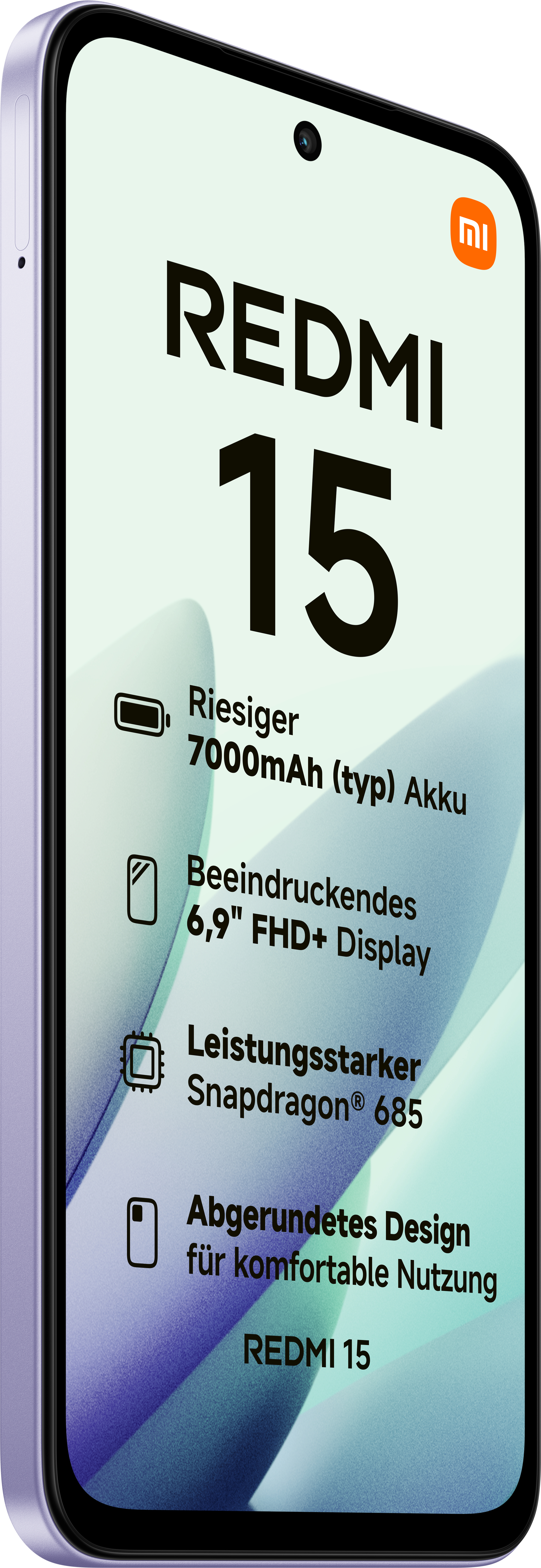 Ein Telefon mit 'REDMI 15'. Merkmale: großer Akku, Display, Snapdragon-Prozessor. Lila Rahmen, weißer Hintergrund.