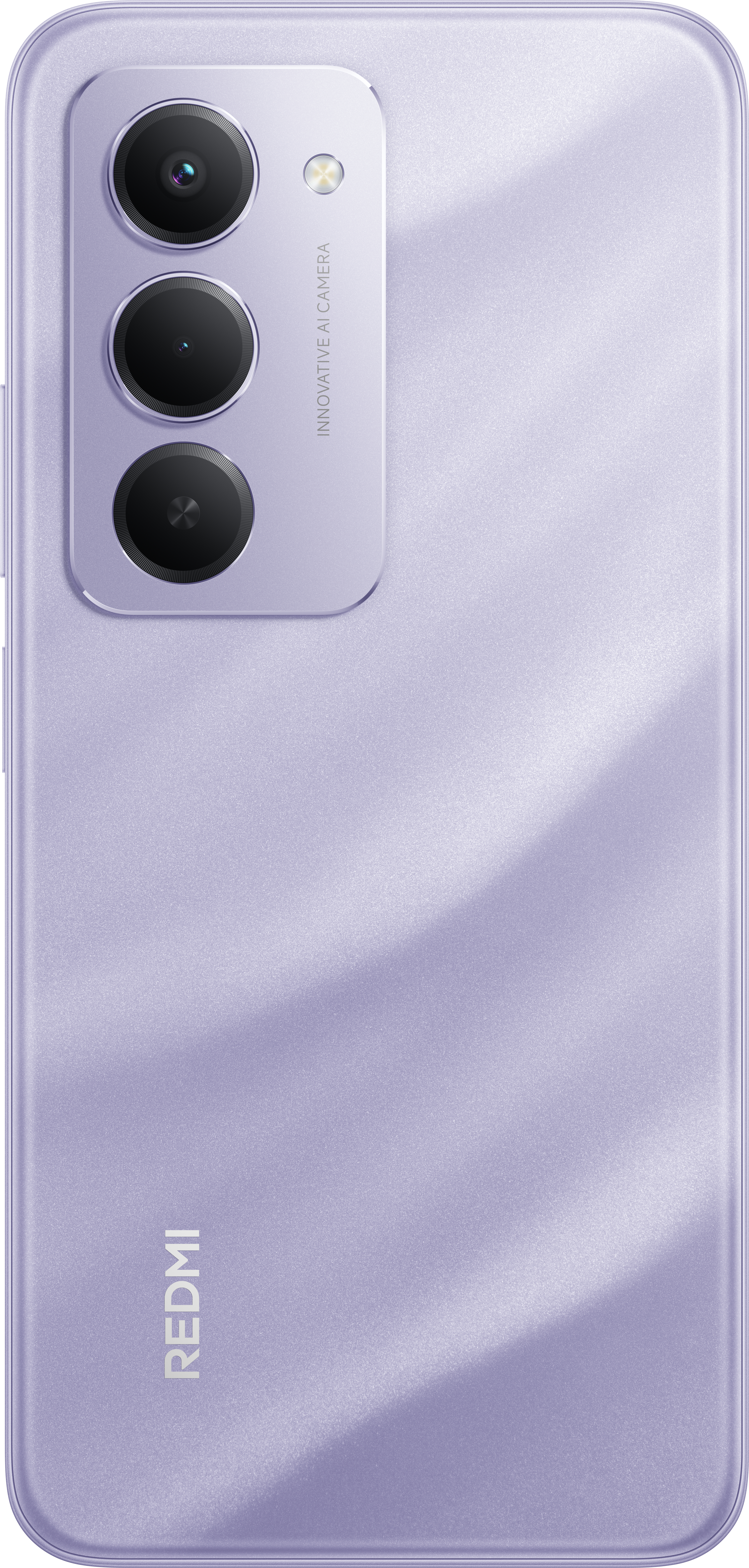 Eine lila Smartphone-Rückseite mit drei Kameralinsen und einem Blitz. Die Telefonmarke ist REDMI. Das Telefon hat eine innovative KI-Kamera.