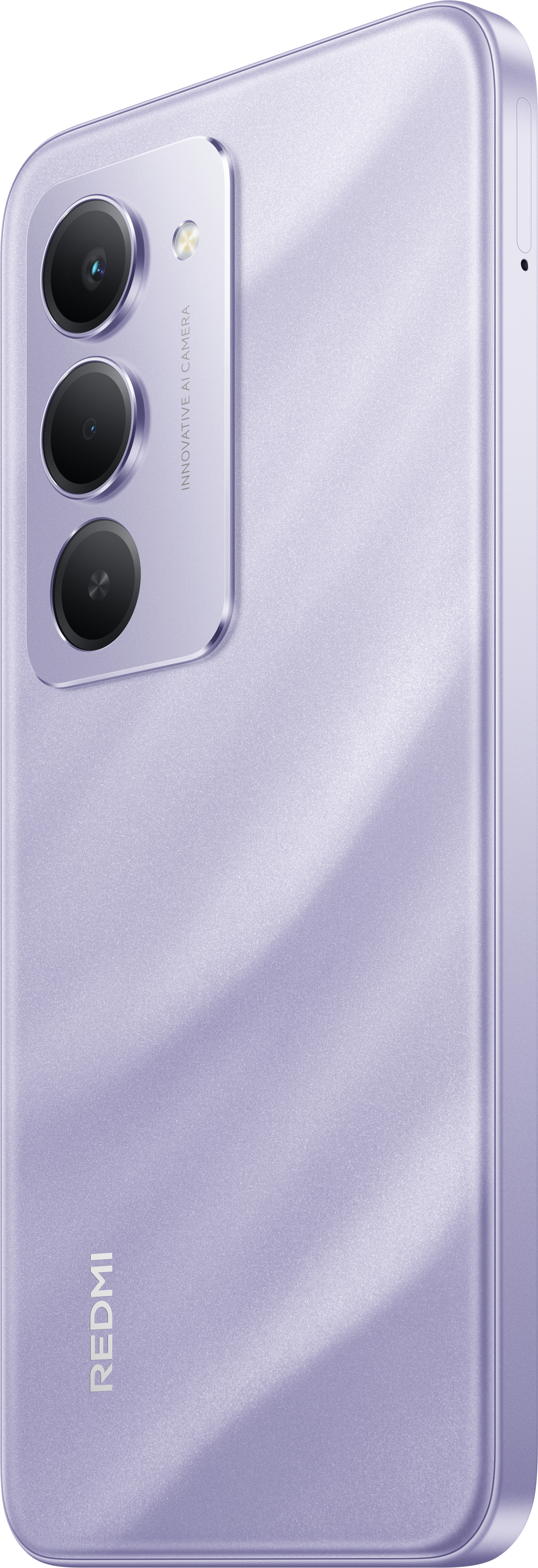 Rückseite eines lila Smartphones mit Dreifach-Kamera. Das Telefon hat den Markennamen 'REDMI' und 'INNOVATIVE AI CAMERA'.