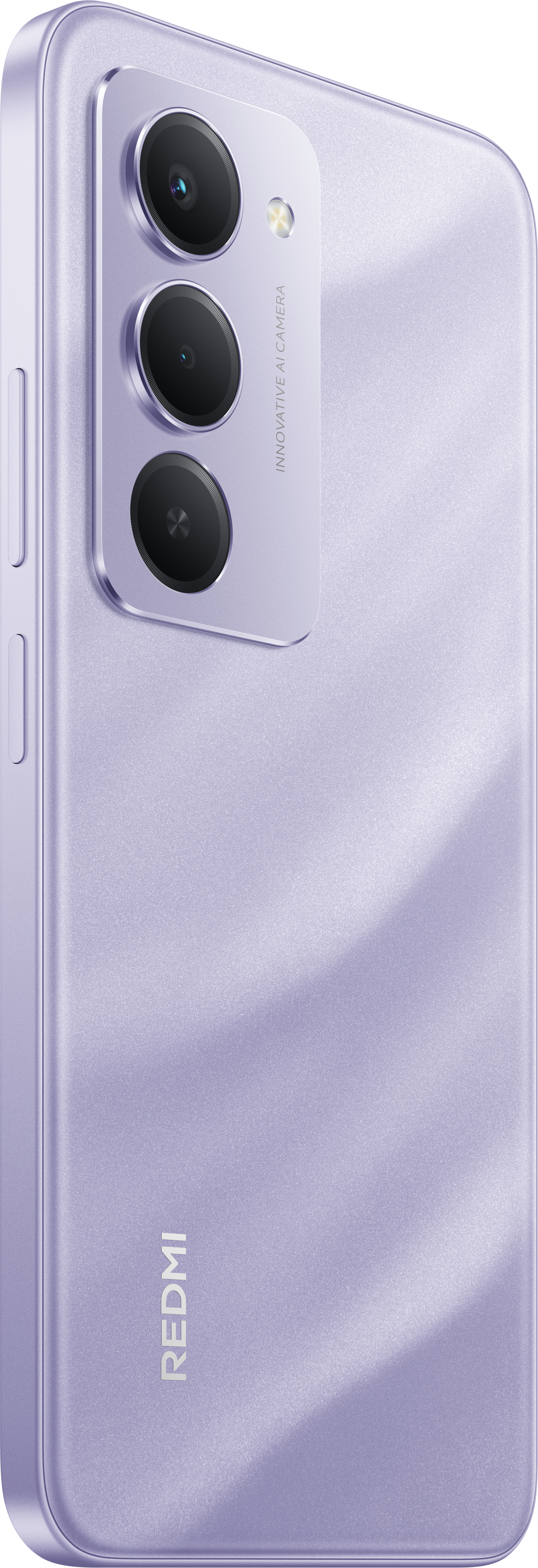 Rückseite eines hellvioletten Smartphones mit drei Kameralinsen und dem Wort REDMI. Es hat einen Metallrahmen.