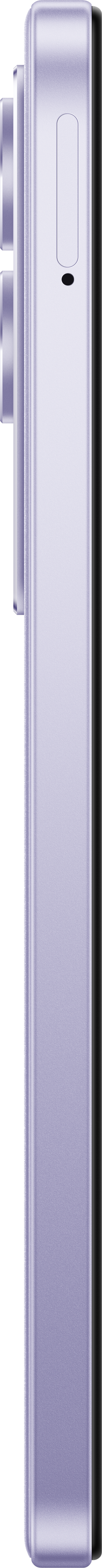 Ein hellviolettes Telefon wird vertikal gezeigt. Das Telefon hat ein Kameramodul und einen schwarzen Streifen am rechten Rand.
