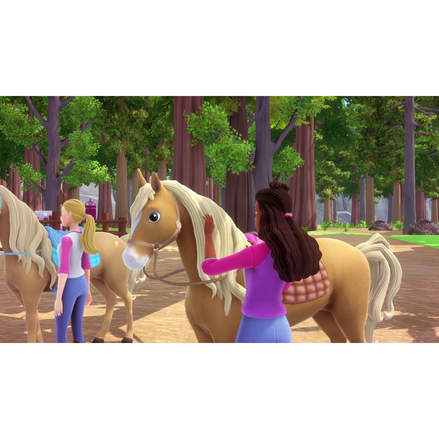 Twee meisjes met paarden in een bos. Een meisje aait de manen van het paard. De ander staat naast een paard.