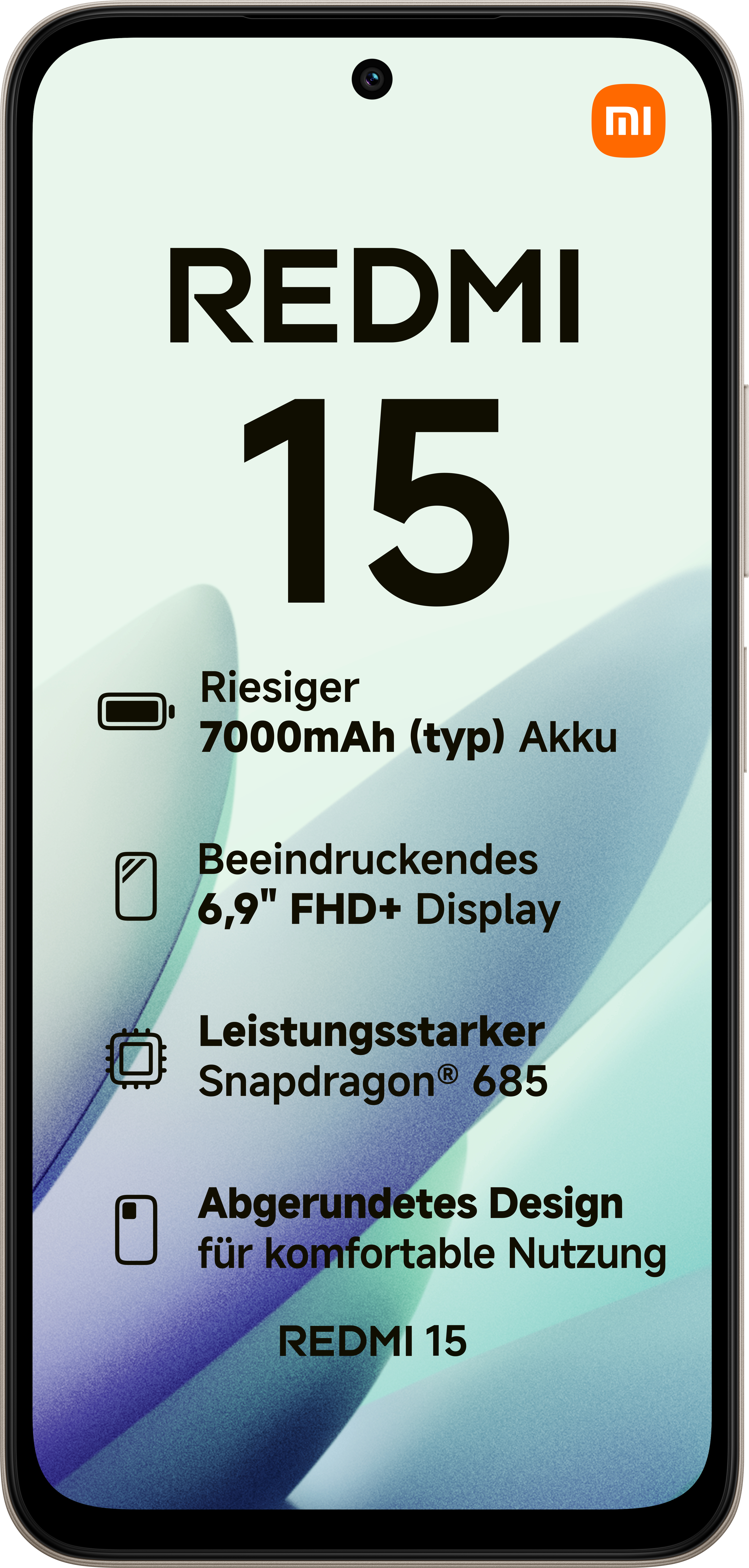 Ein schwarzes Smartphone zeigt 'REDMI 15'. Merkmale sind ein großer Akku, ein beeindruckendes Display und ein leistungsstarker Prozessor.