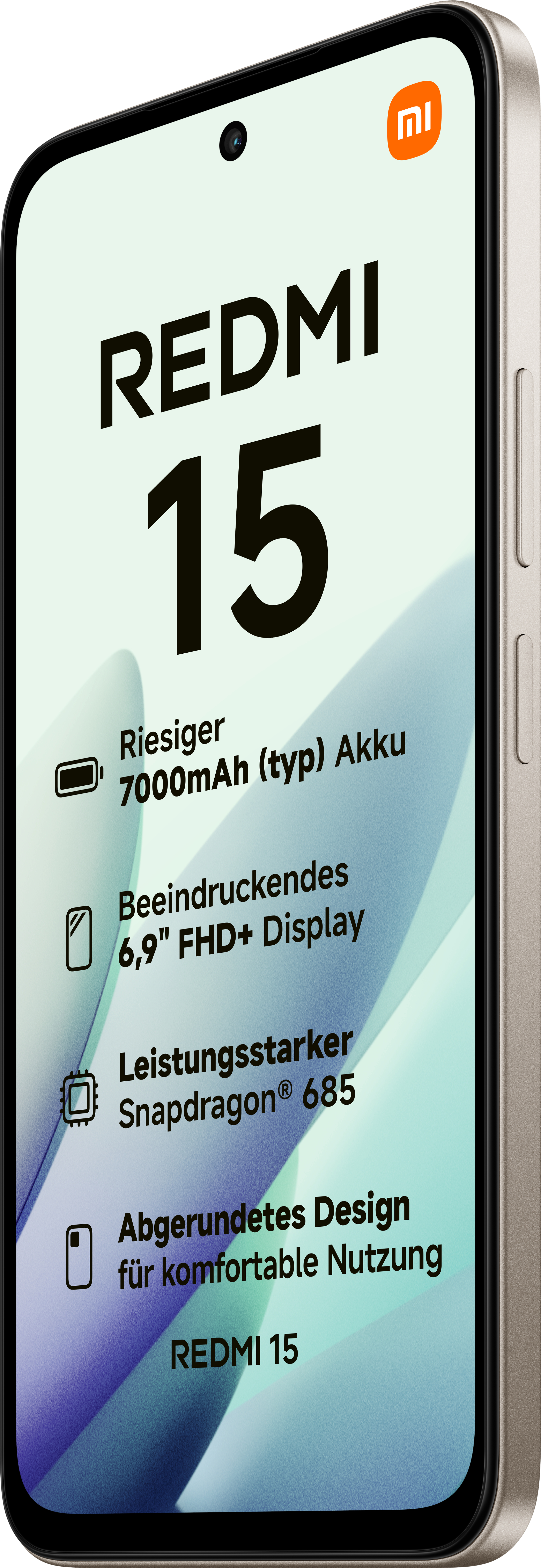 Smartphone zeigt Redmi 15 mit Merkmalen: 7000mAh Akku, 6,9" FHD+ Display, Snapdragon 685 und abgerundetes Design.