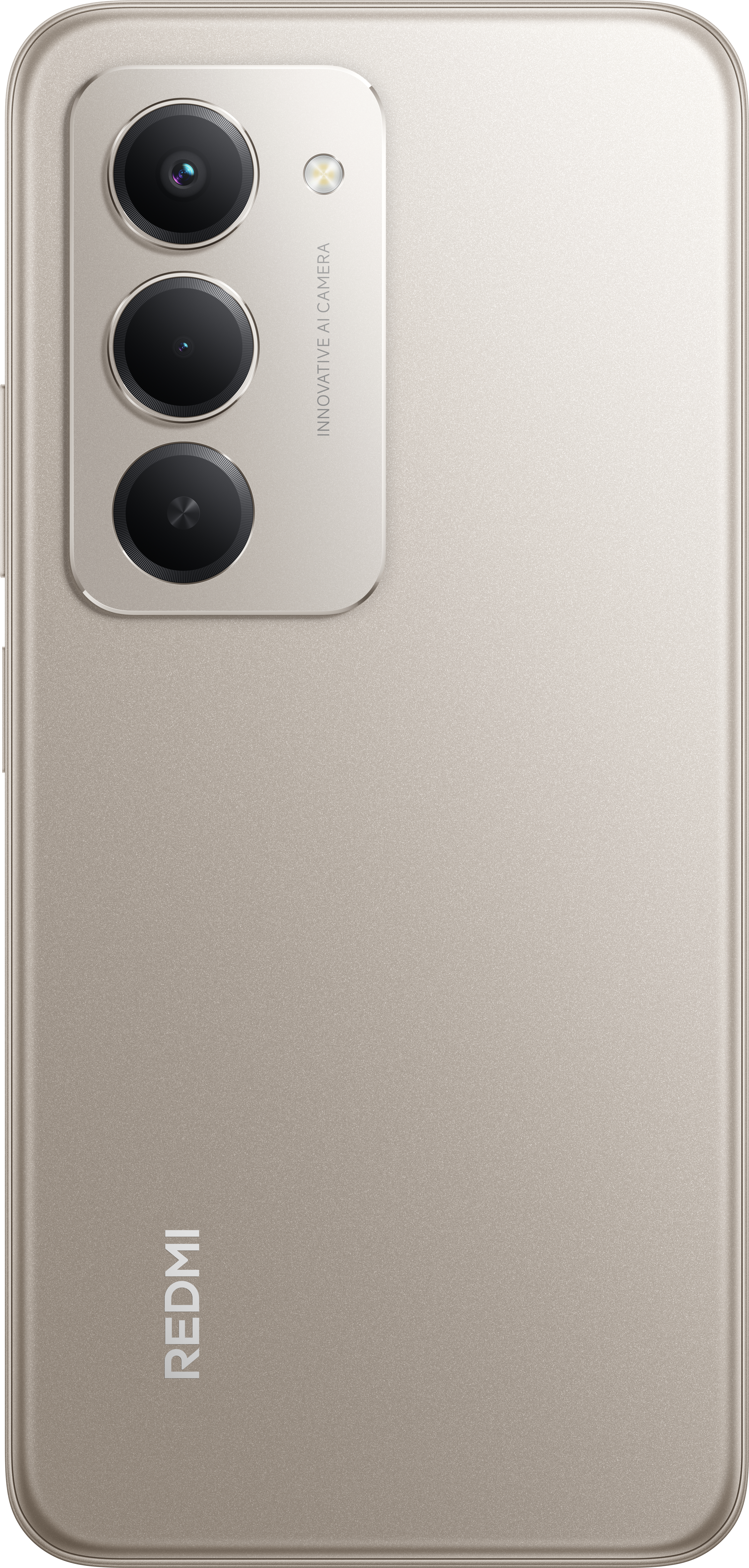 Eine goldfarbene Smartphone-Rückseite mit drei Kameras, einem Blitz und dem Wort REDMI. Die Textur des Telefons ist matt.