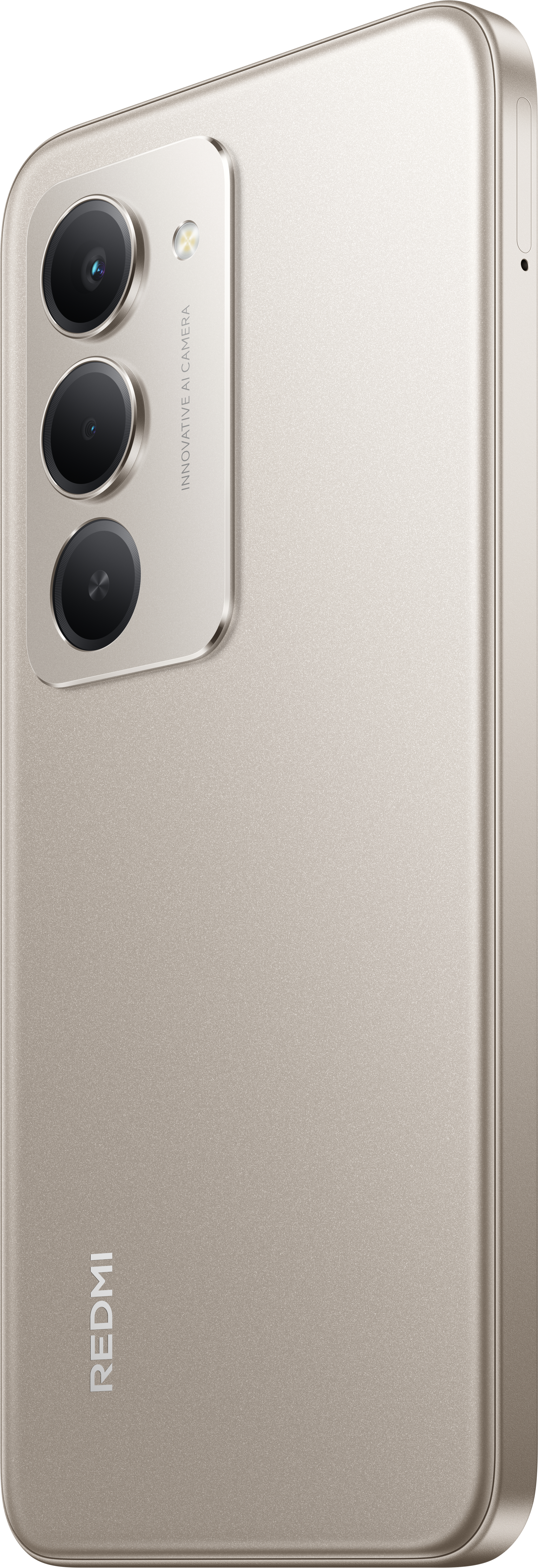 Rückseite eines beigefarbenen Smartphones mit drei Kameras und dem Redmi-Logo. An der Seite befinden sich eine Ein-/Aus-Taste und eine Lautstärkewippe.