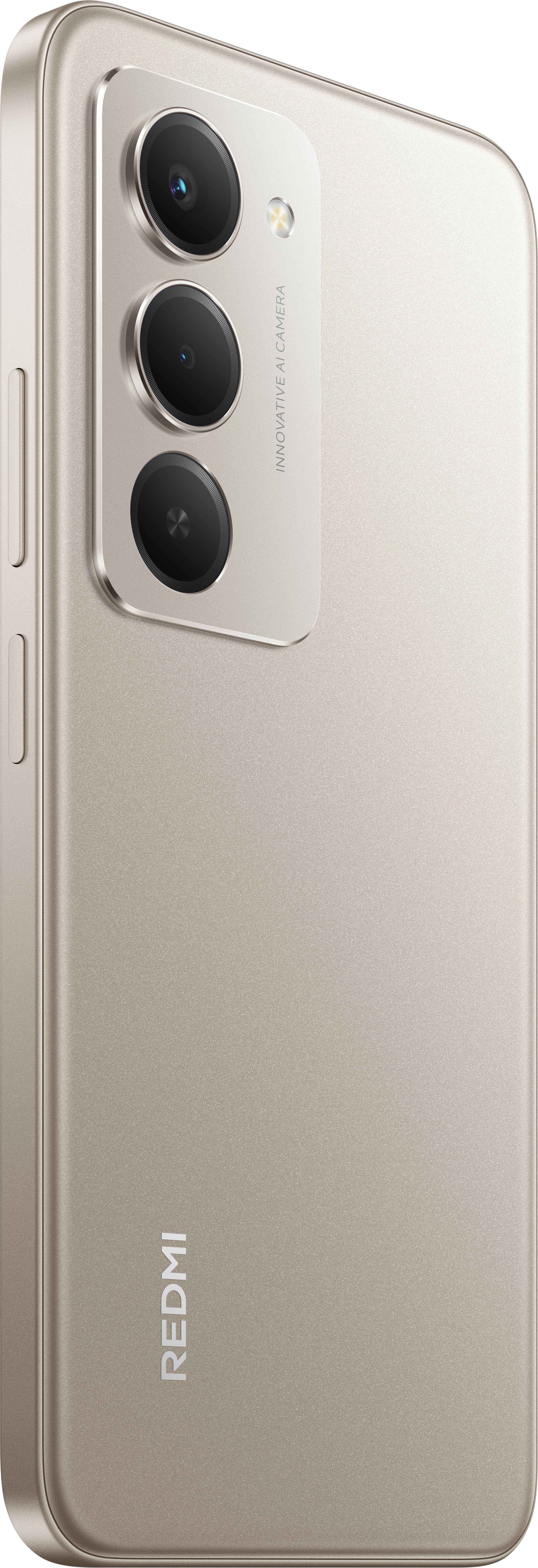 Nahaufnahme einer beigefarbenen Smartphone-Rückseite. Sie hat drei Kameralinsen und einen Blitz. Der Markenname ist Redmi.