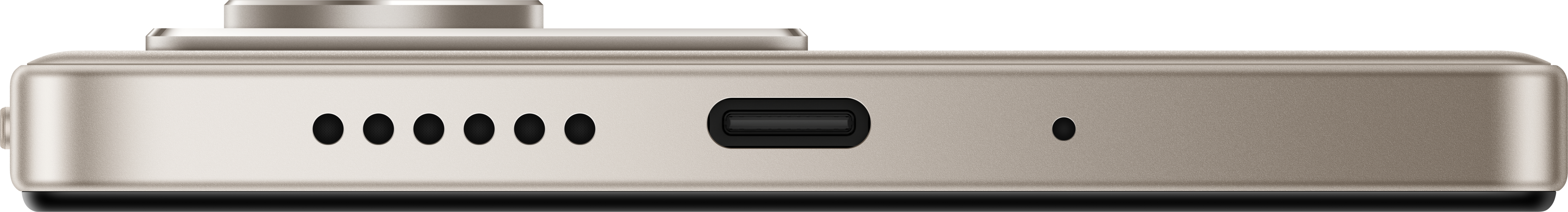 Nahaufnahme eines beigefarbenen Geräts. Es hat mehrere kleine Löcher, einen USB-C-Anschluss und einen kleinen Punkt. Die Oberseite hat ein Kameraobjektiv.
