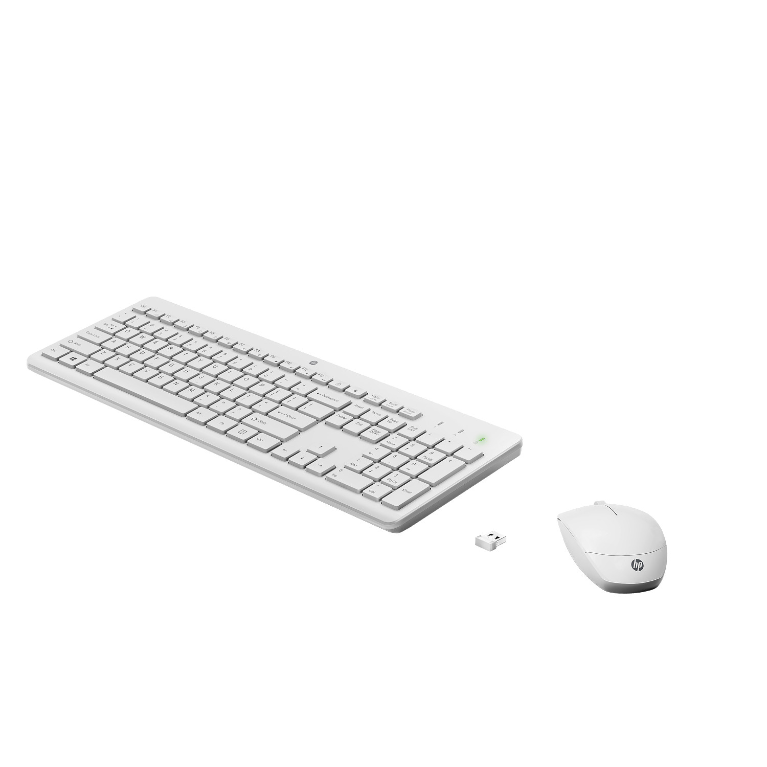 A white HP wireless keyboard, mouse, and USB receiver. The keyboard is angled, showing the keys. The mouse has an HP logo.