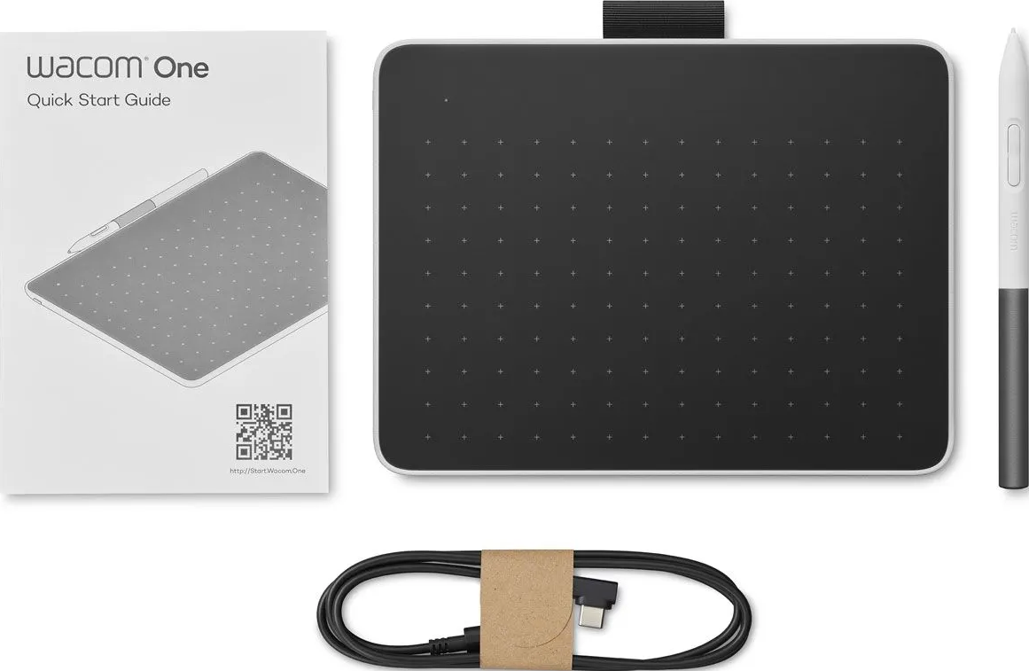 Sono visualizzati un tablet Wacom One, una penna e una guida rapida. Si vedono un tablet nero, una penna bianca e una guida con un'immagine di tablet grigio.