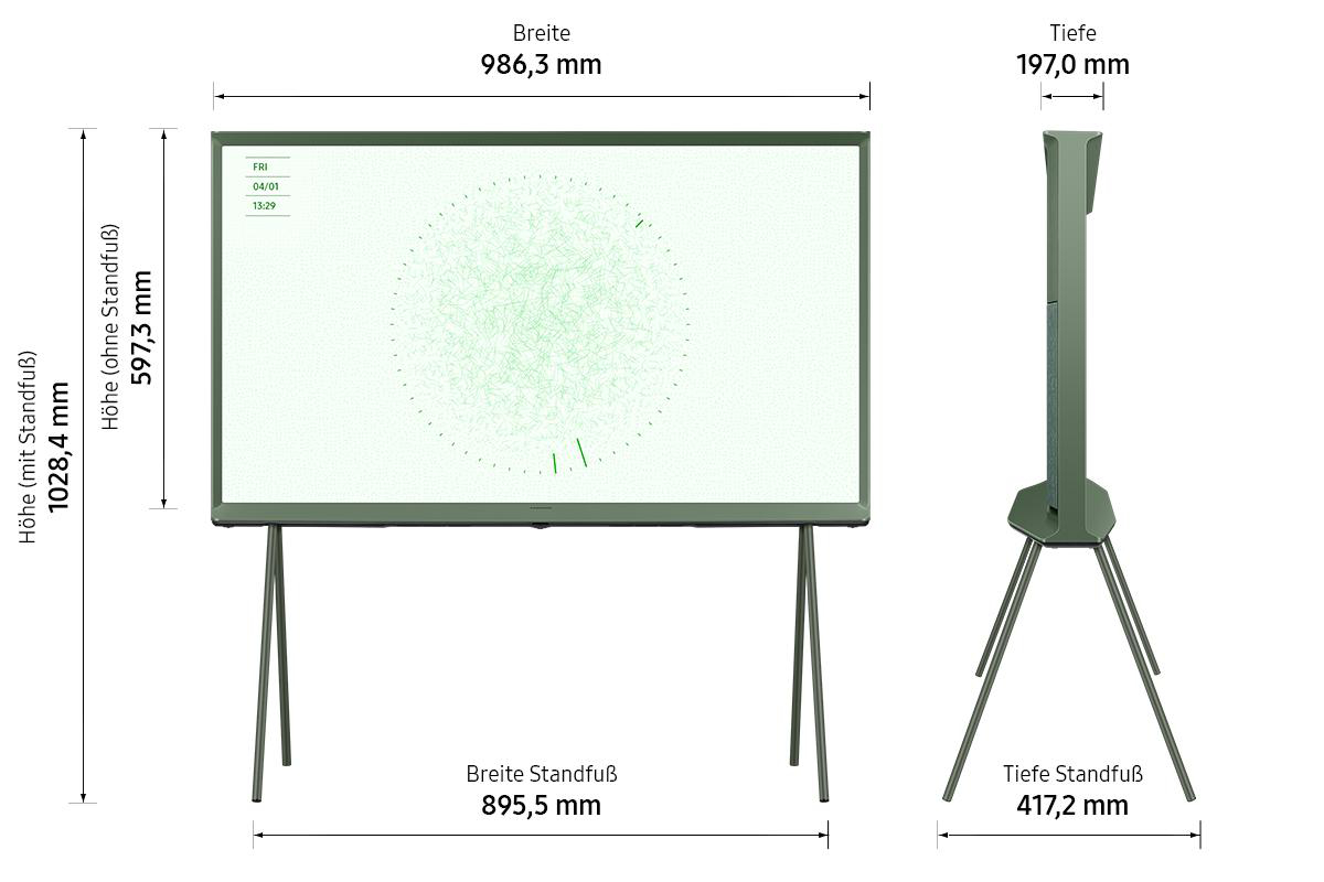 Ein grüner Fernsehbildschirm mit Maßen. Der Fernseher steht auf einem Ständer. Maße sind in mm angegeben.