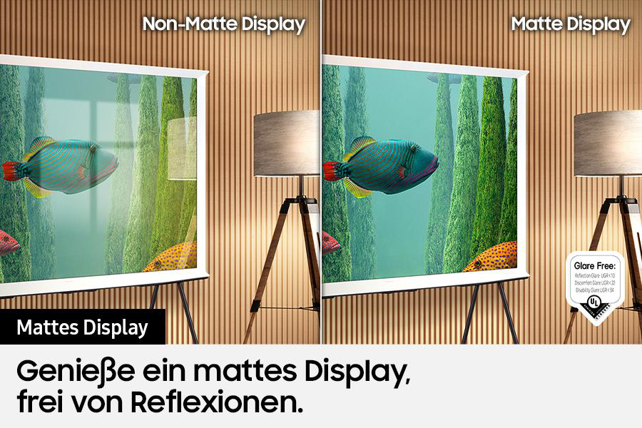Das Bild zeigt zwei Displays, eines nicht matt und eines matt, mit Fischen in jedem. Eine Lampe und Text sind ebenfalls sichtbar. Der Text lautet "Mattes Display".