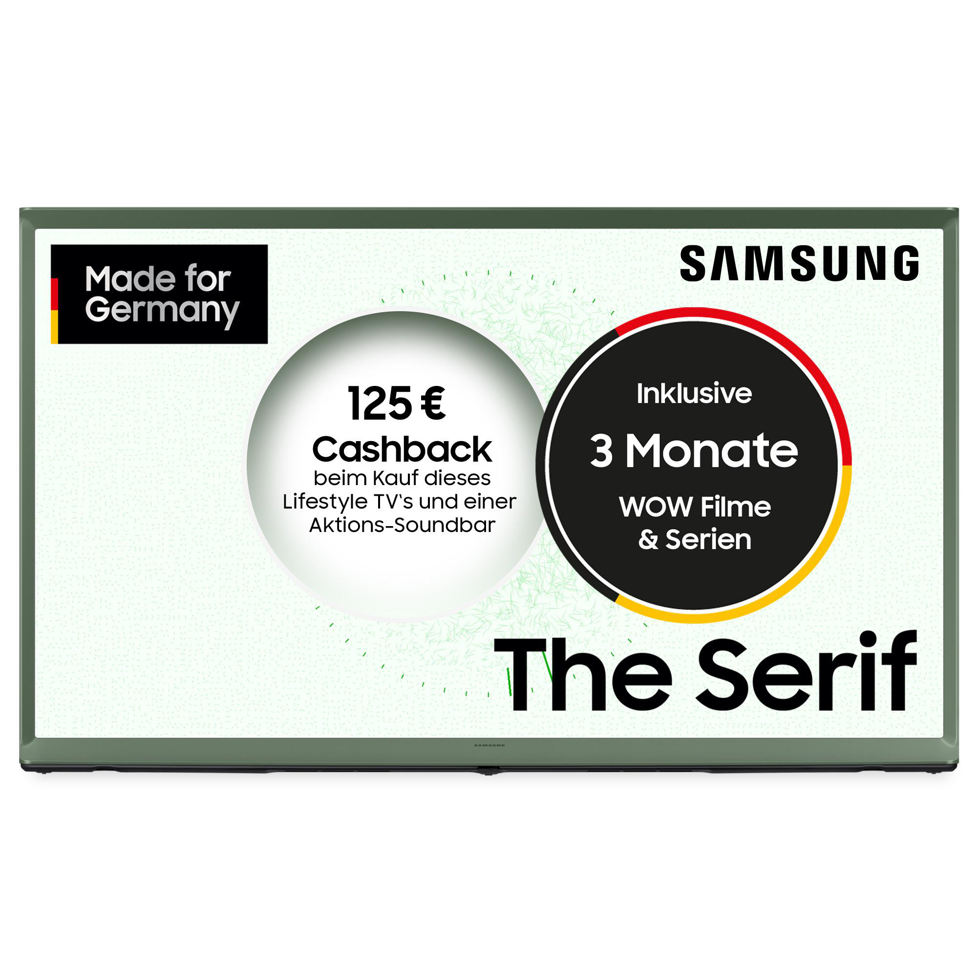 Samsung TV mit Werbeinformationen. Enthält 125€ Cashback, 3 Monate WOW Filme und den Text 'The Serif'.
