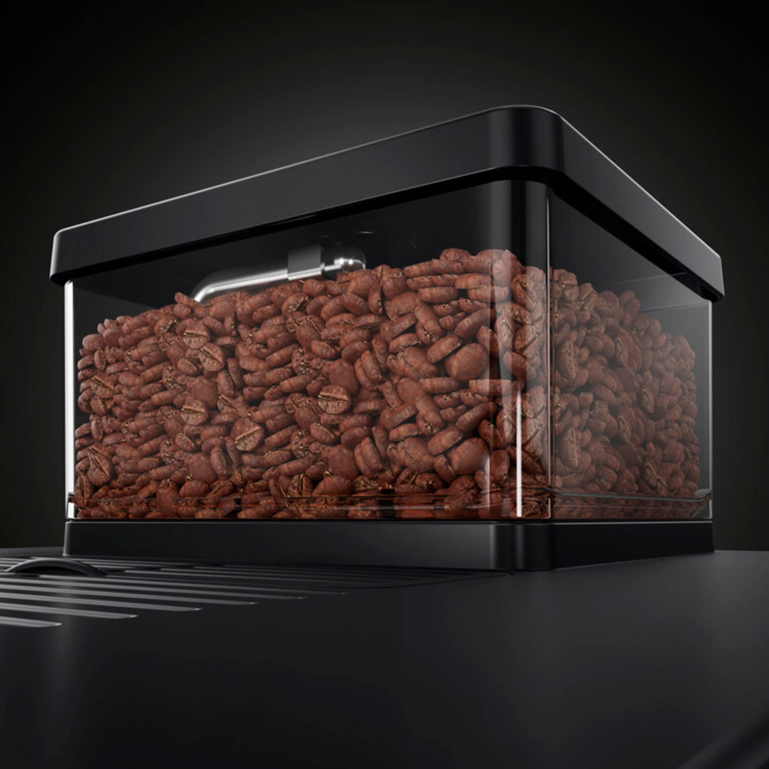 Ein Bohnenbehälter der Kaffeemaschine, gefüllt mit braunen Kaffeebohnen. Er ist schwarz, rechteckig und transparent.