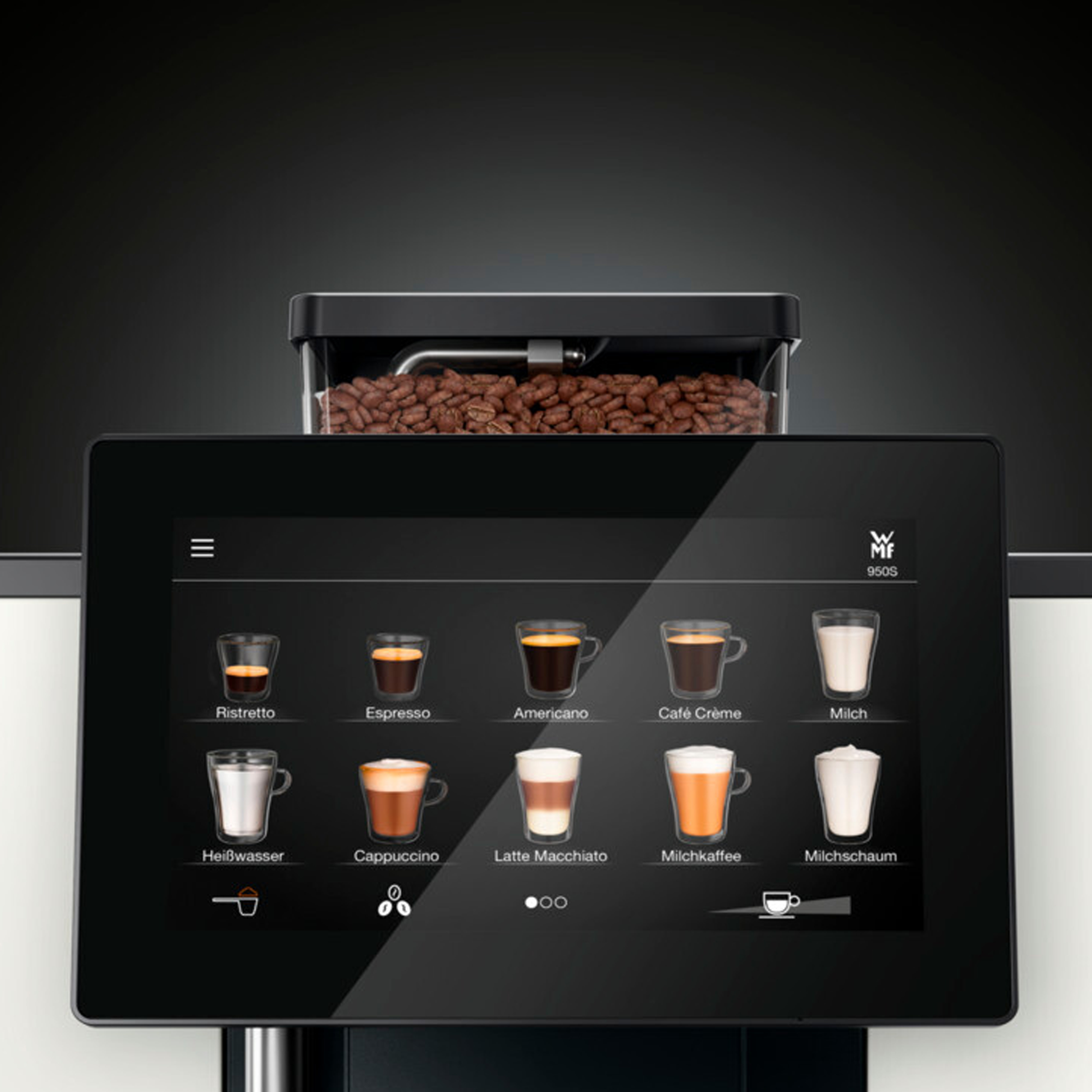 Eine Kaffeemaschine mit Touchscreen, die Kaffeeoptionen anzeigt. Oben befindet sich ein Bohnenbehälter. Espresso, Cappuccino und andere Optionen sind sichtbar.