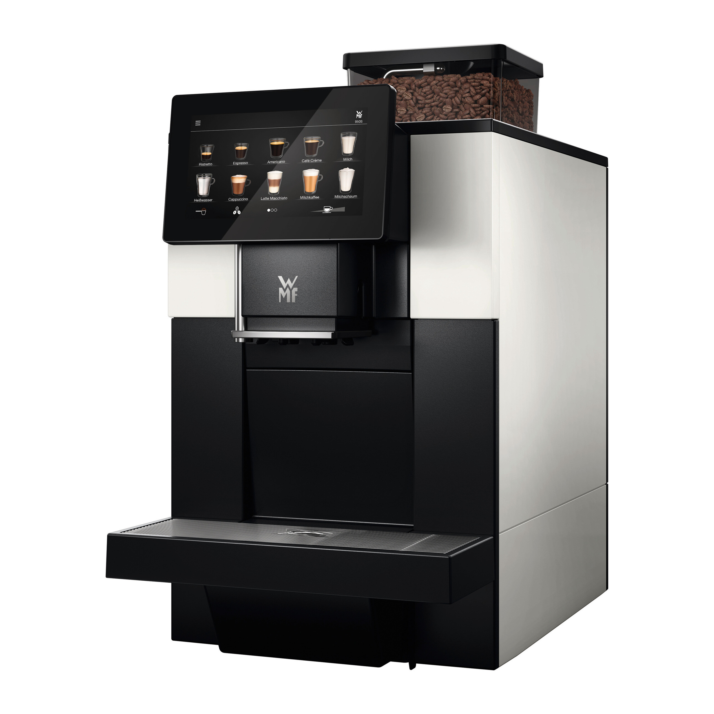 Eine moderne Kaffeemaschine mit Touchscreen, der Kaffeeoptionen anzeigt, einem Bohnenbehälter und einem schwarz-silbernen Design.