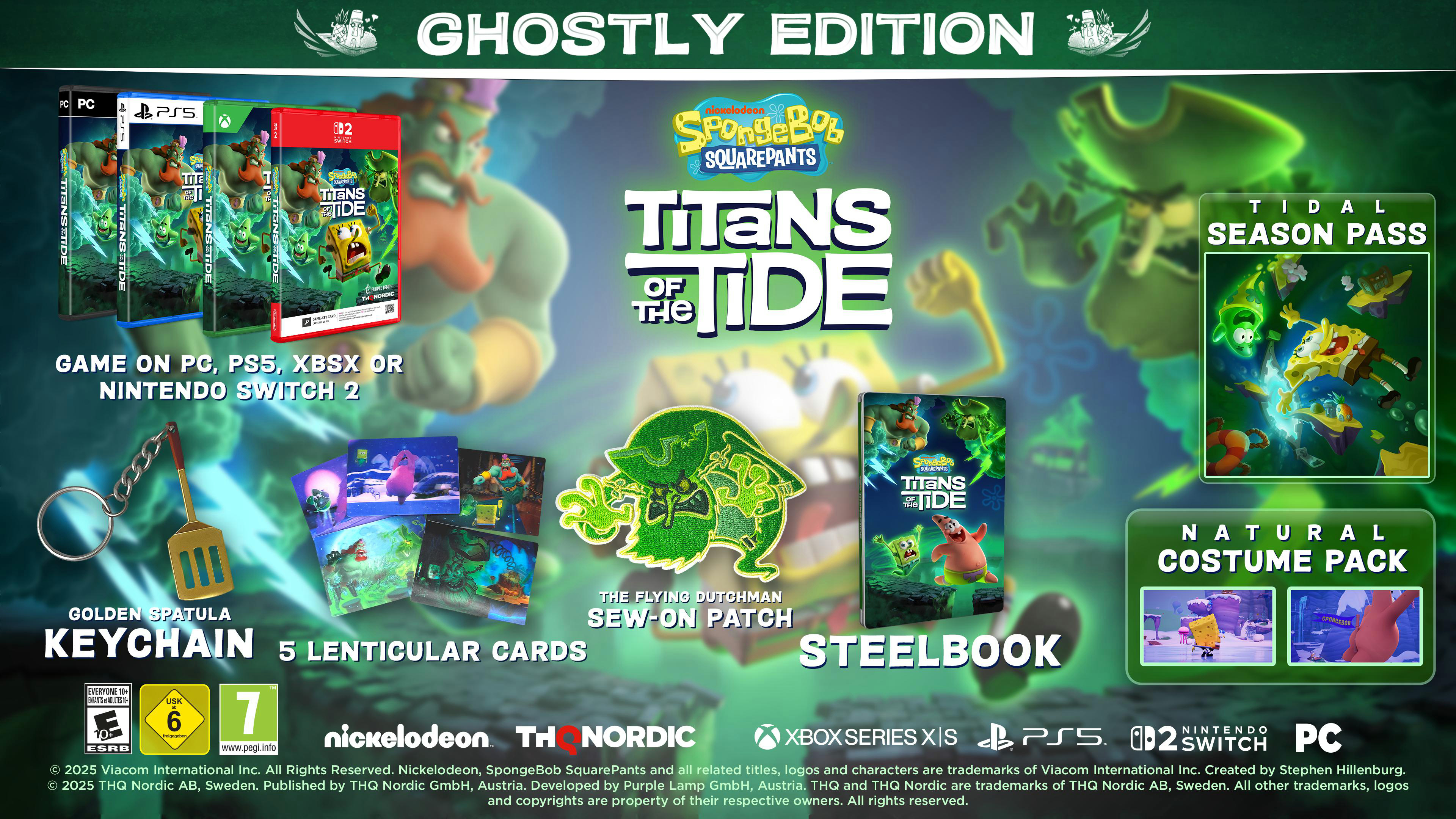 Spielbox-Art mit SpongeBob-Charakteren, Tidal Season Pass, Golden Spatula KeyChain und Natural Costume Pack.