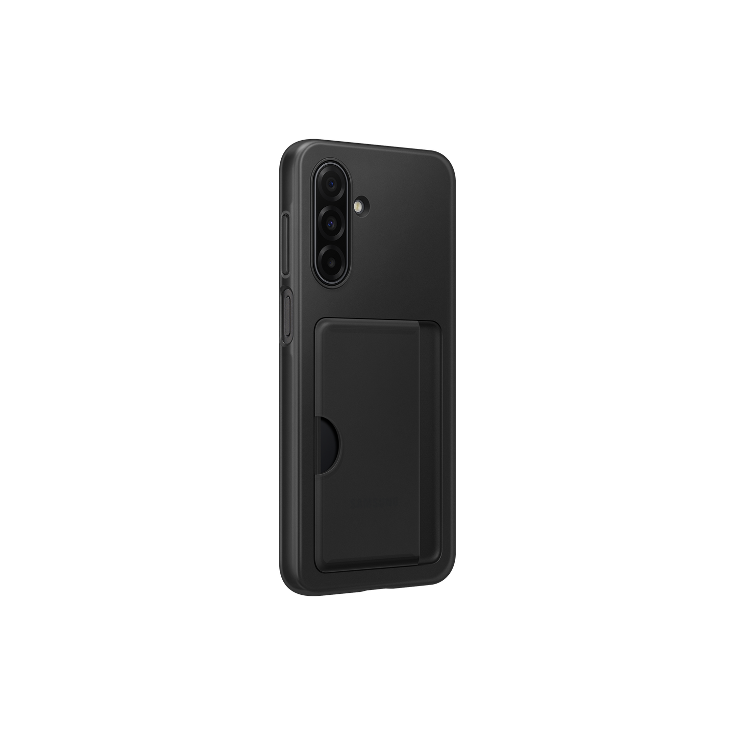 A black phone case with a card slot is displayed against a black background. It has a camera module and a card slot.
