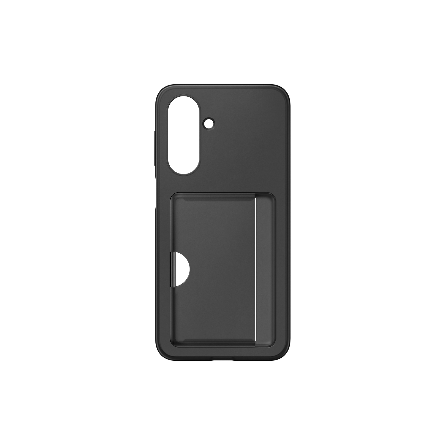 A black phone case with a card holder. The case has cutouts for the camera and other features, against a black background.